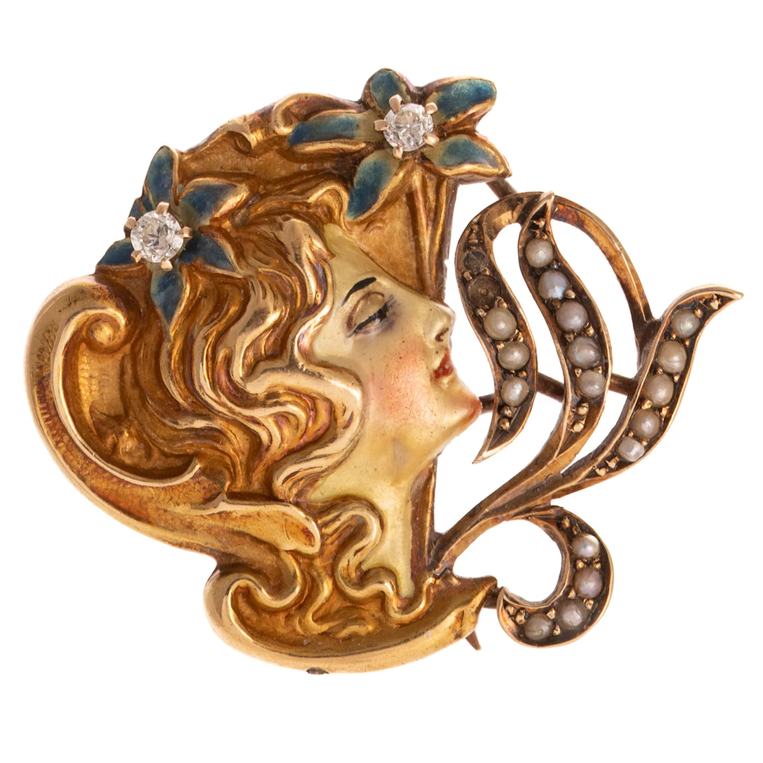 An Art Nouveau Enamel Portrait Brooch in 14K