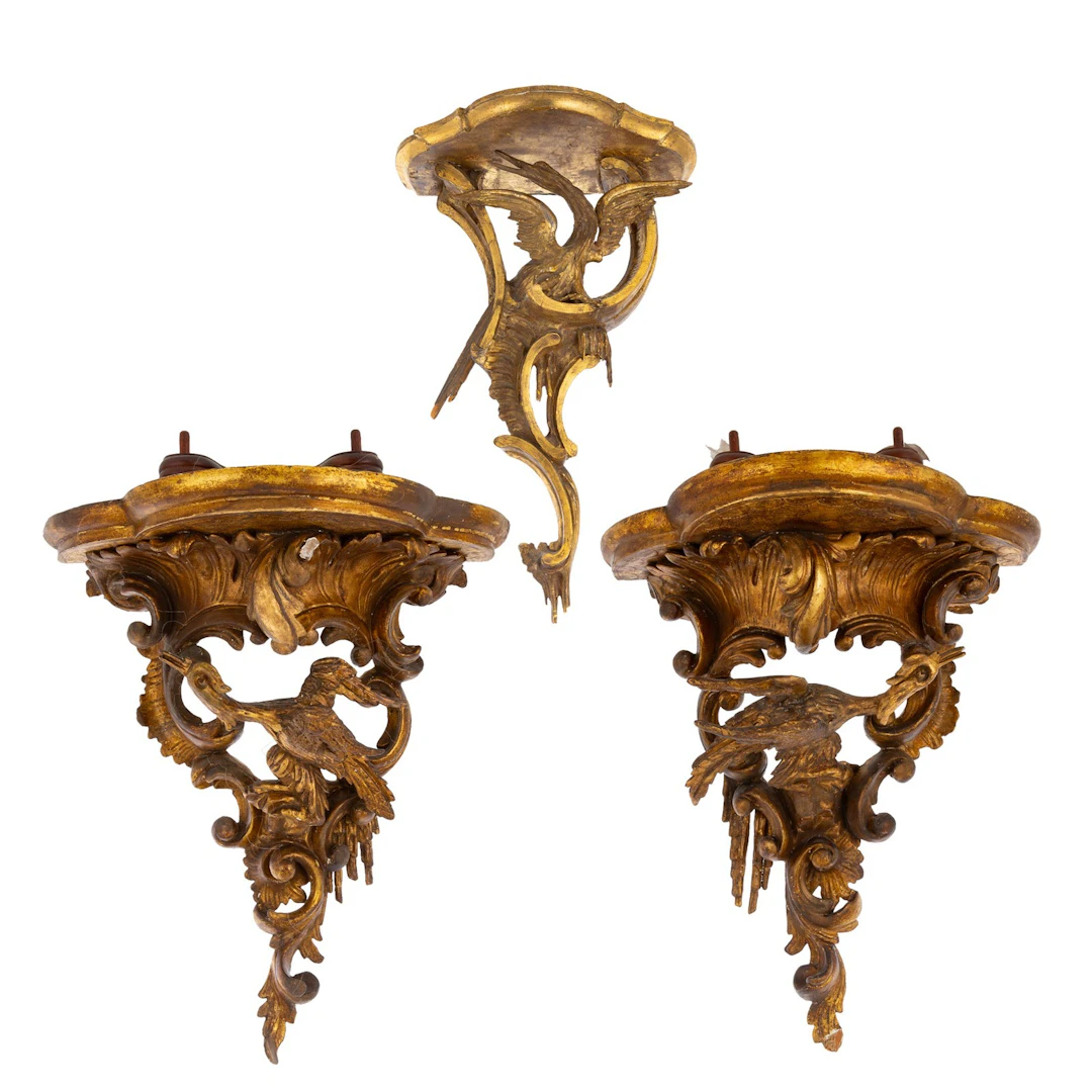 A Pair & Single Giltwood Crane Wall Brackets