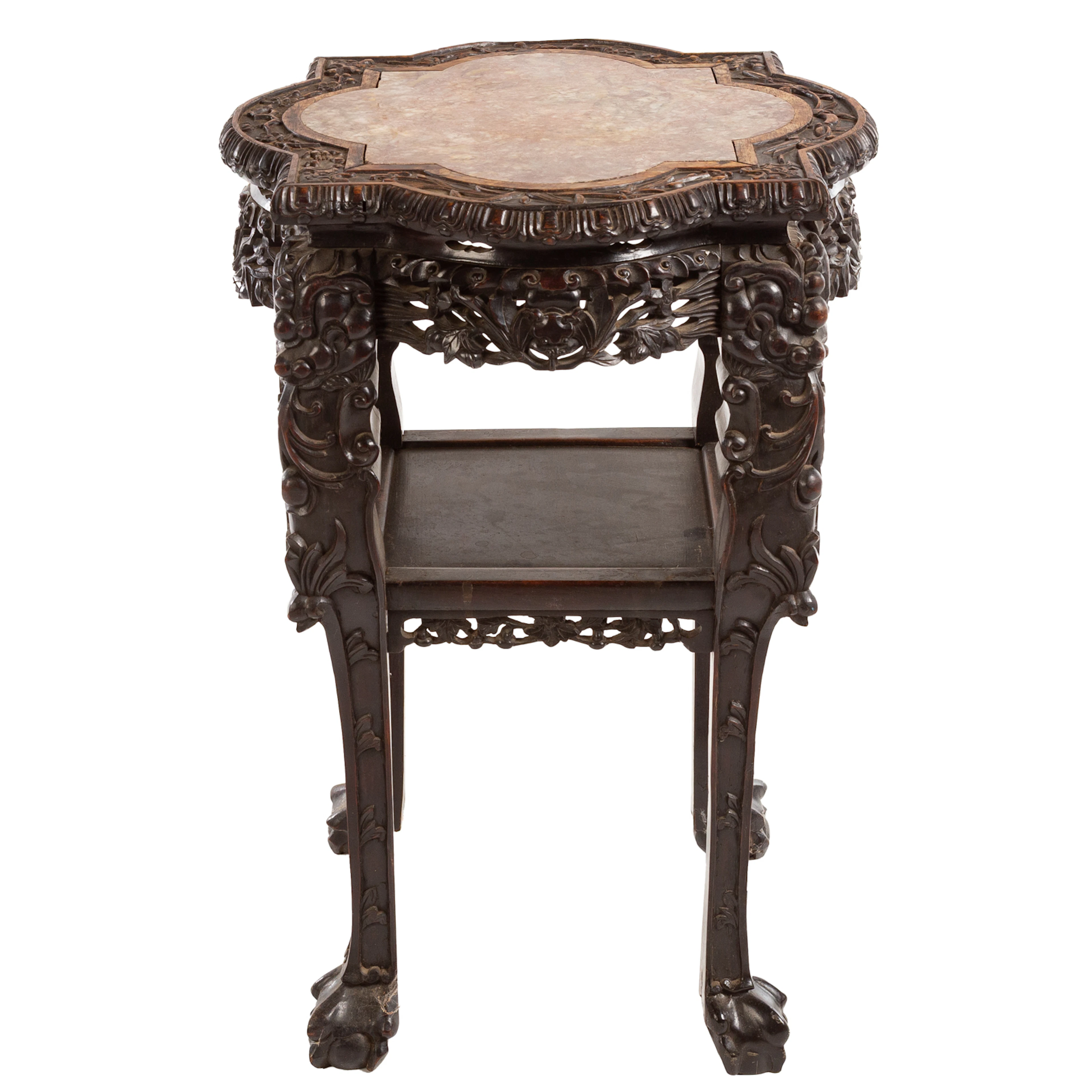 Chinese Carved Hardwood Marble Top Plant Stand