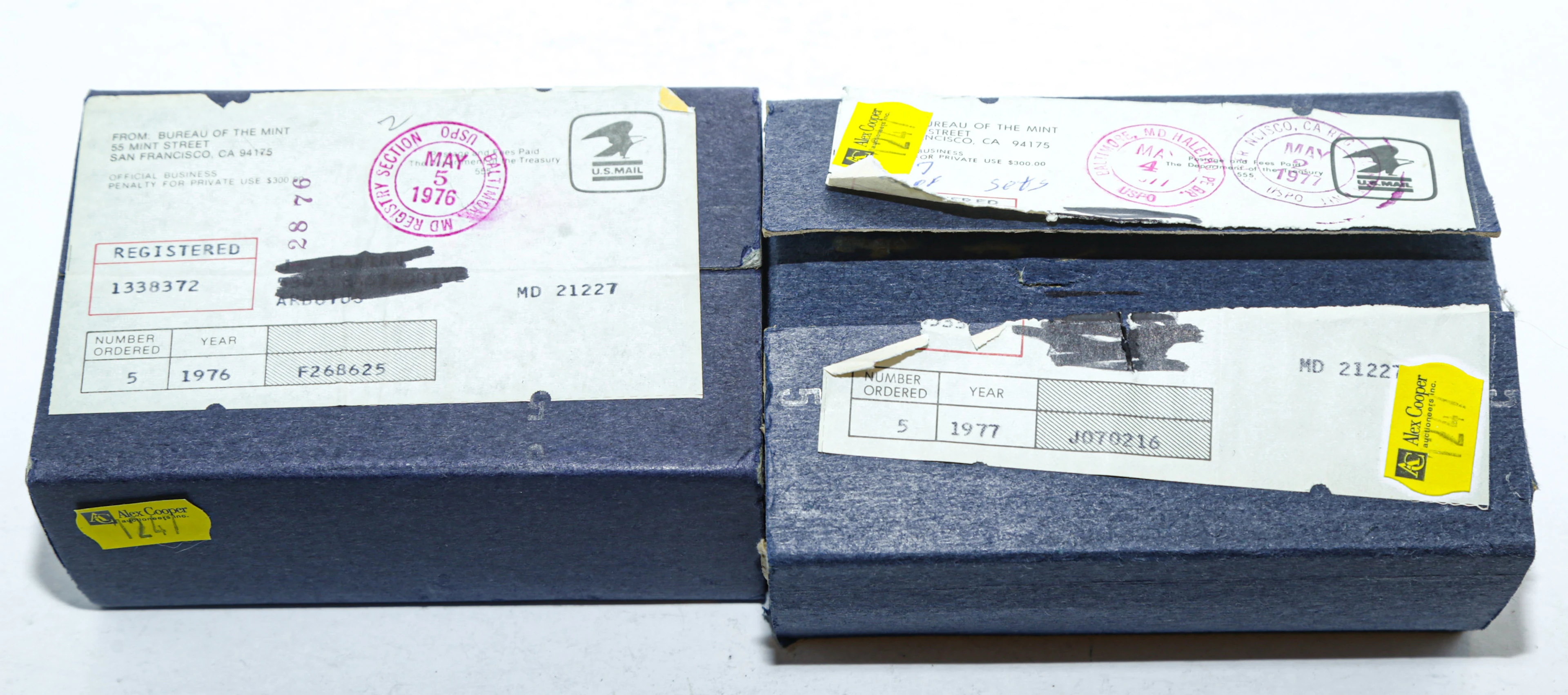 Two Five Set Proof Shipping Boxes, 1976,1977