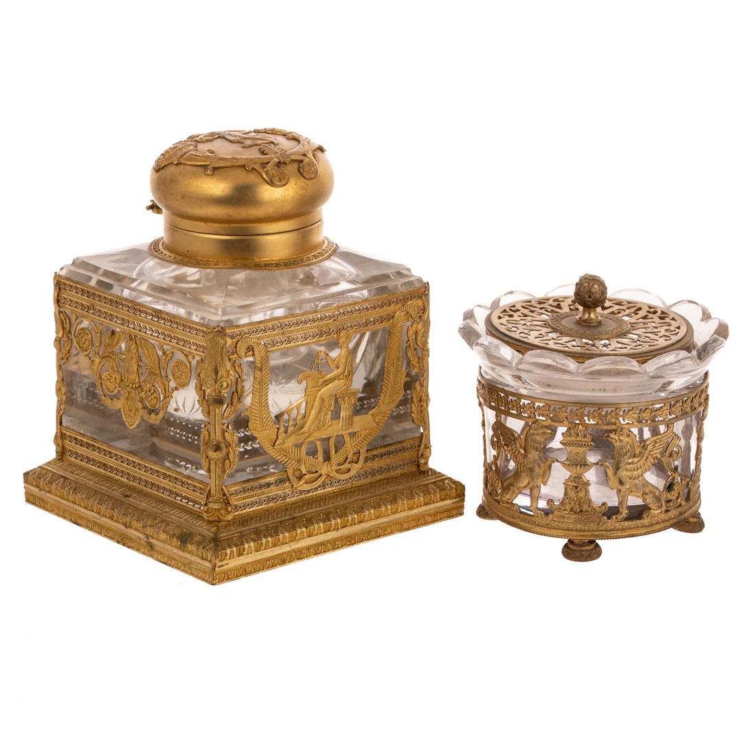 Two French Empire Style Dore Mounted Inkwells