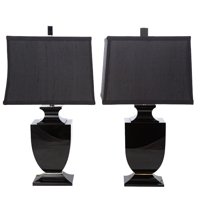 A Pair of Artemis Black Crystal Urn-Form Table Lamps