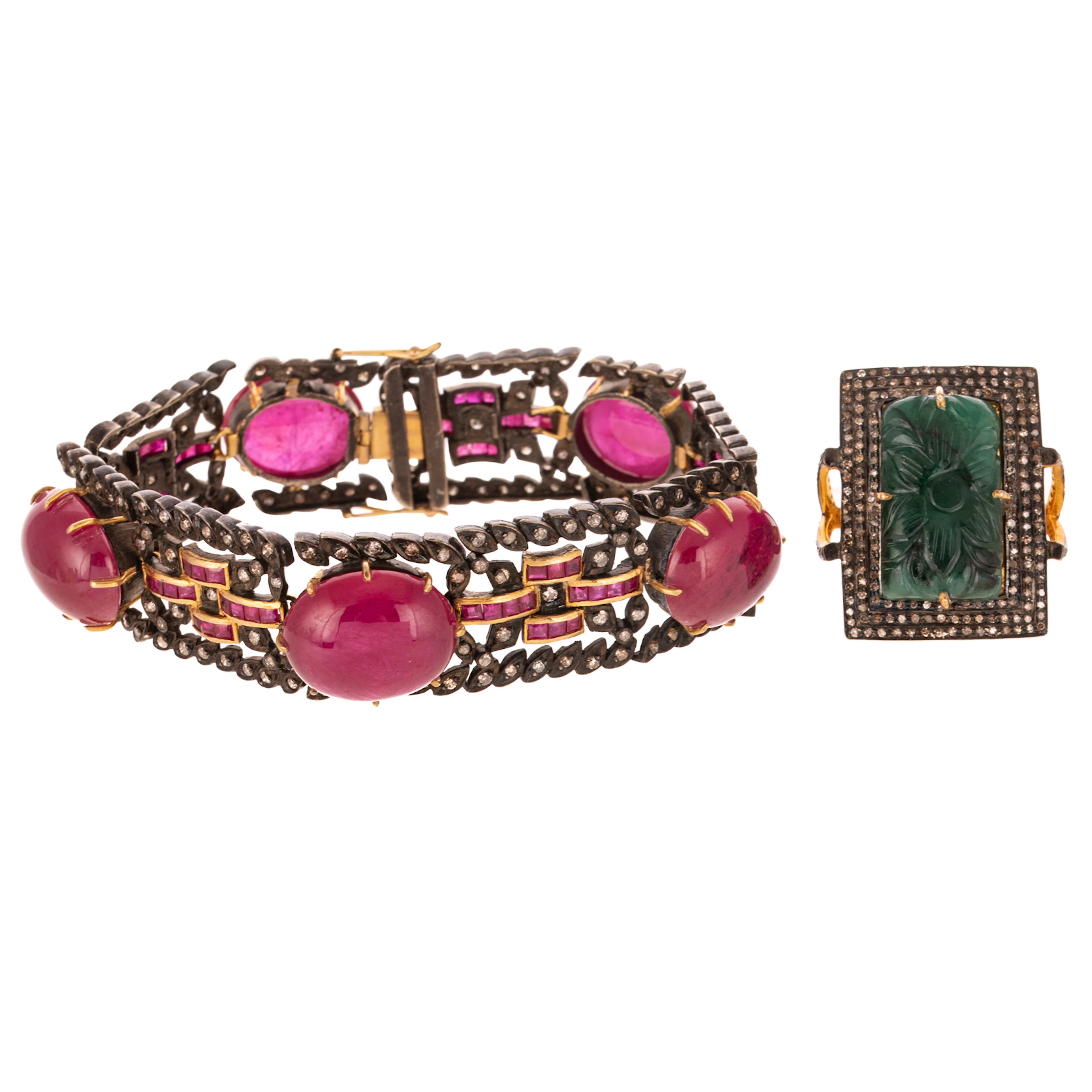 A Ruby & Diamond Bracelet & Carved Emerald Ring