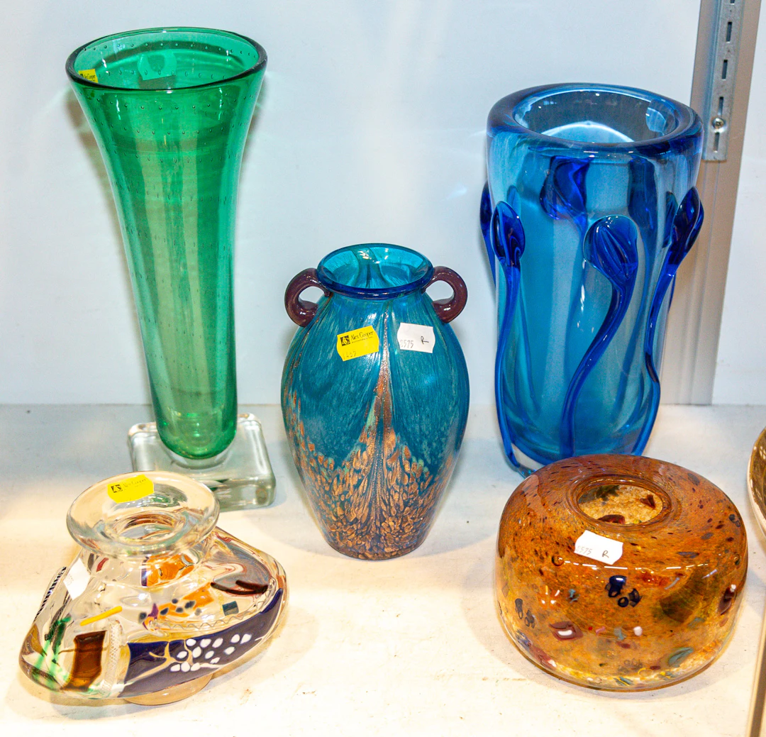 Five Hand-Blown Art Glass Vases