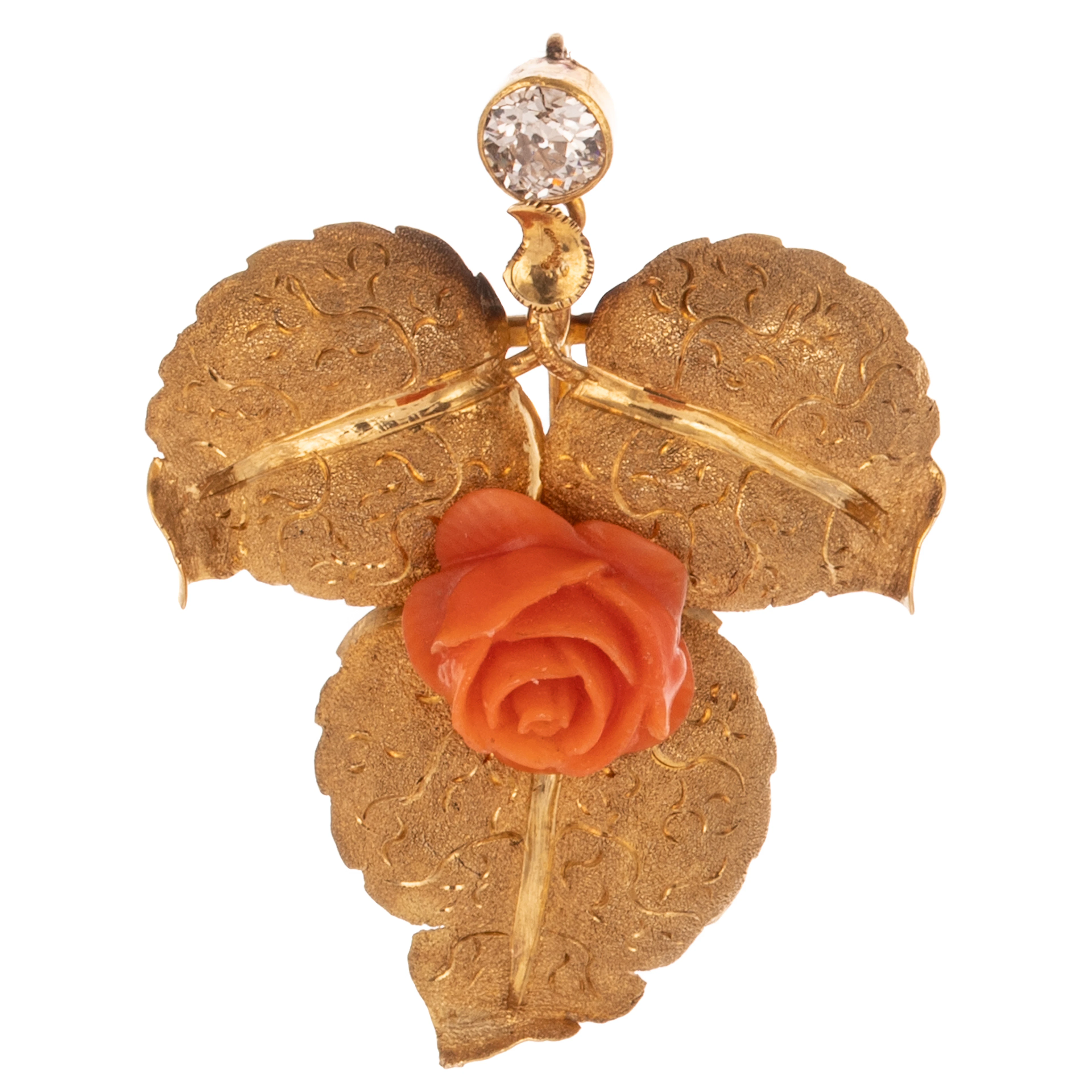 A Victorian Coral & Diamond Leaf Pendant in 14K