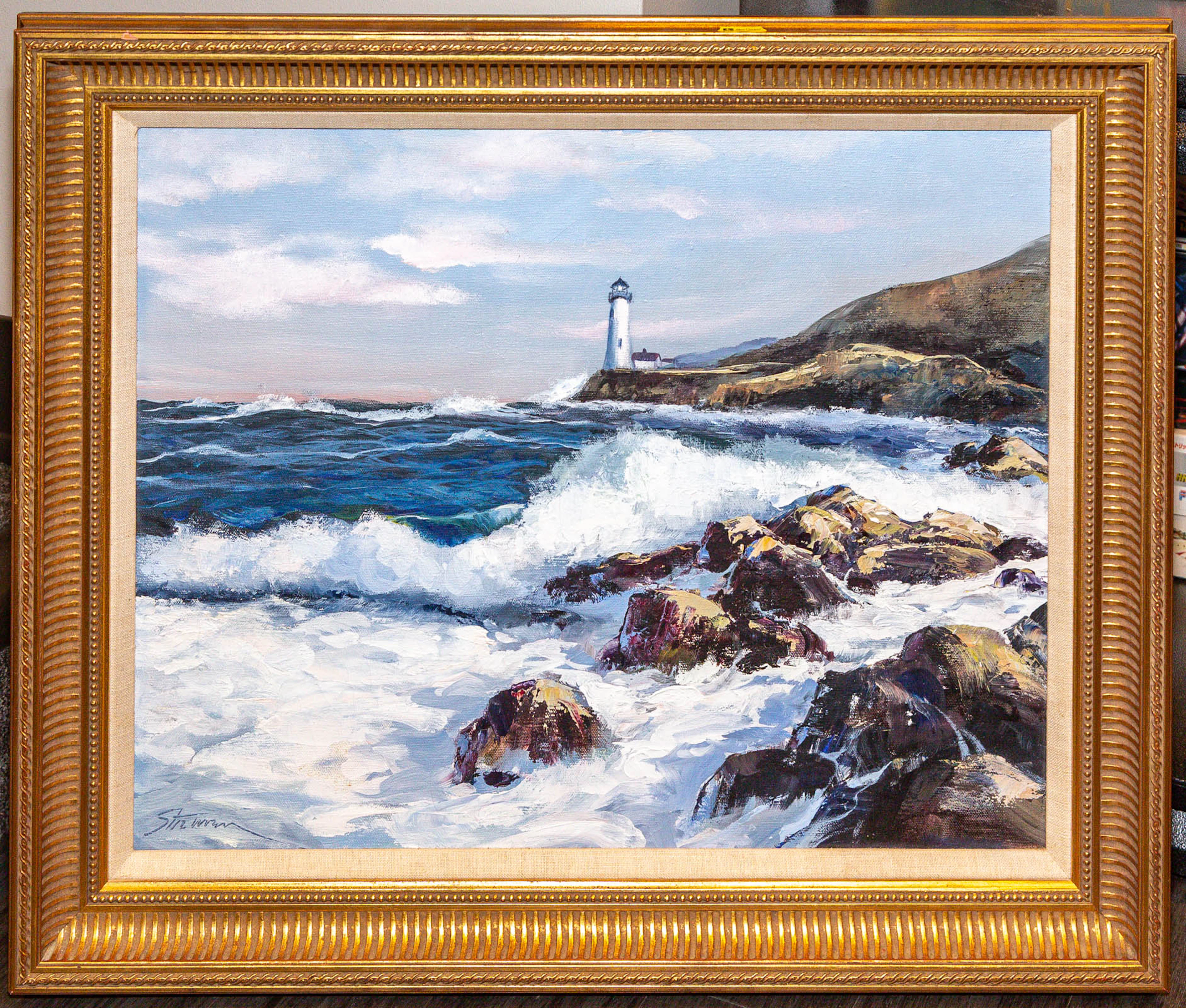 Artist Unknown. Lighthouse Seascape, oil