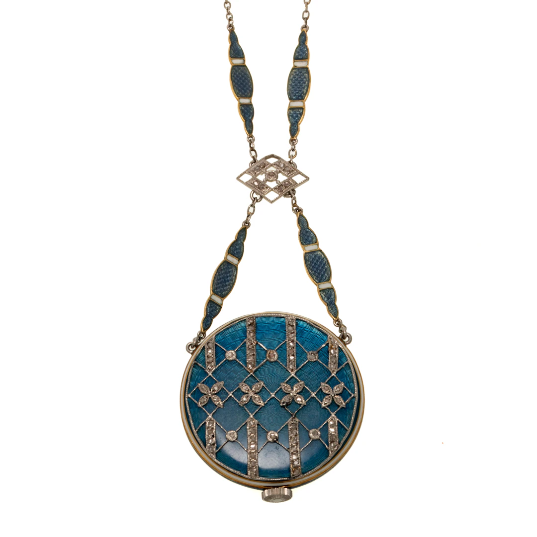 A French Enamel Diamond Pendant Watch & Chain in 18K