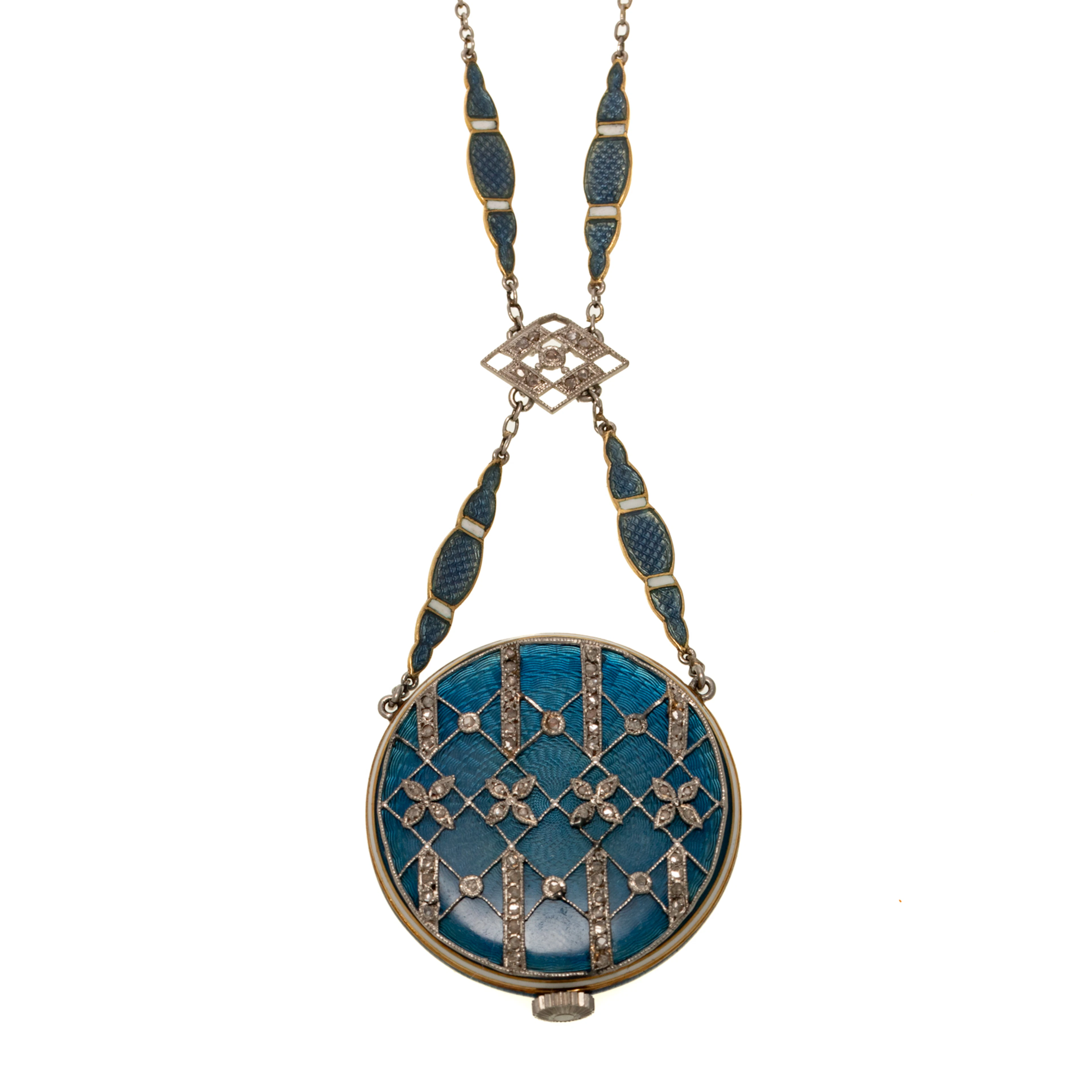 A French Enamel Diamond Pendant Watch & Chain in 18K