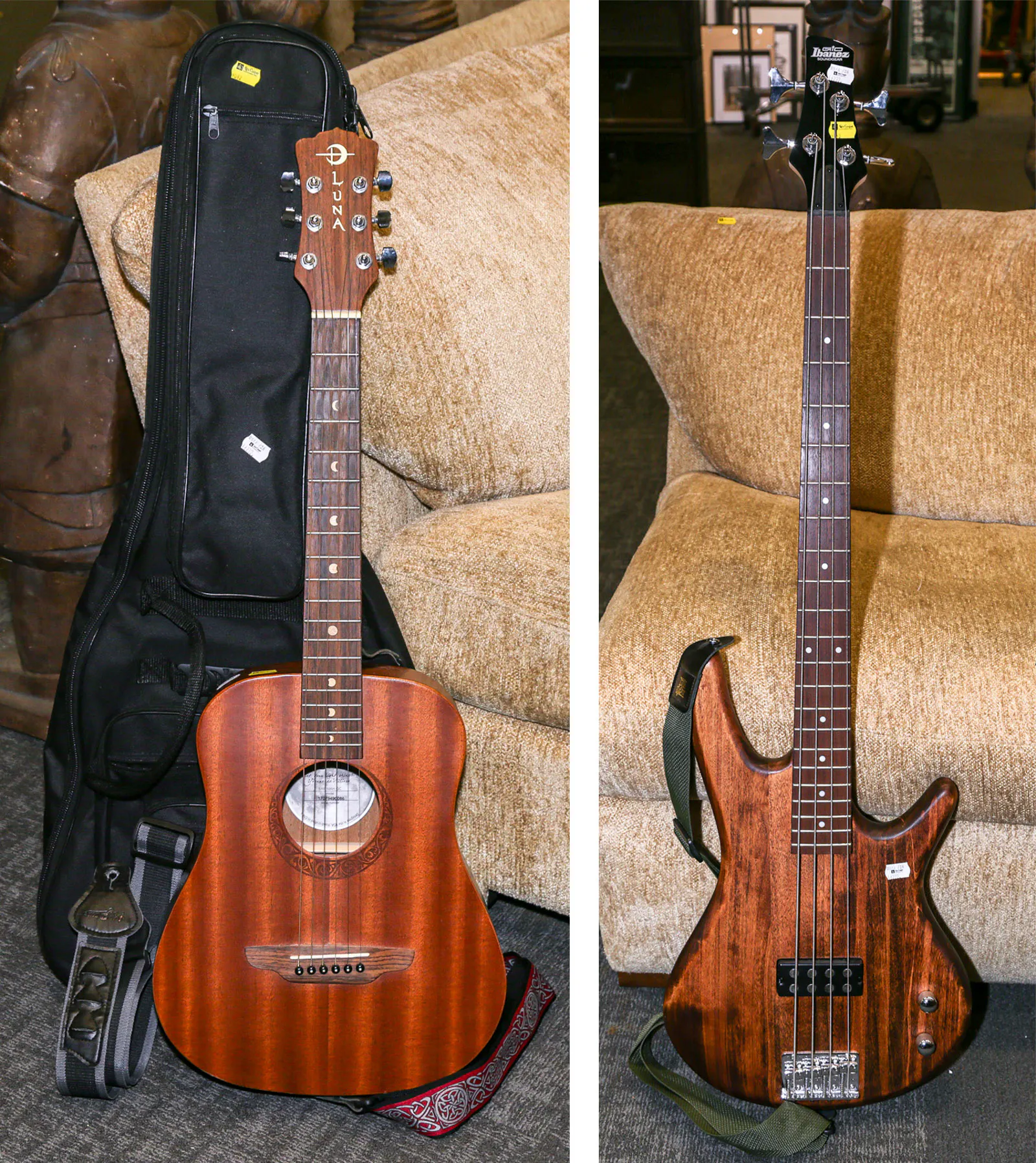 An Ibanez Electric Bass & Luna Acoustic Guitar