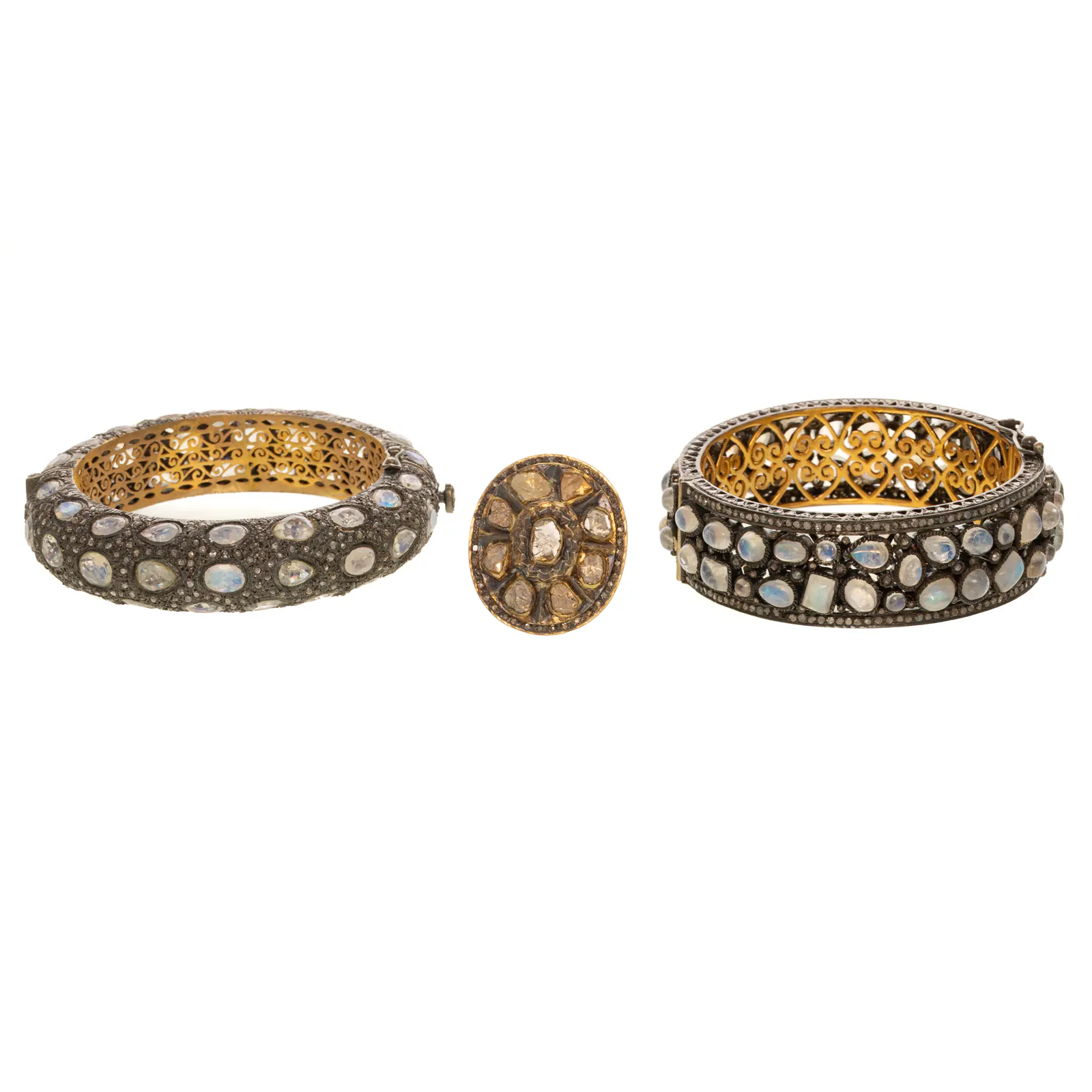 Two Moonstone & Diamond Bangles & Diamond Ring