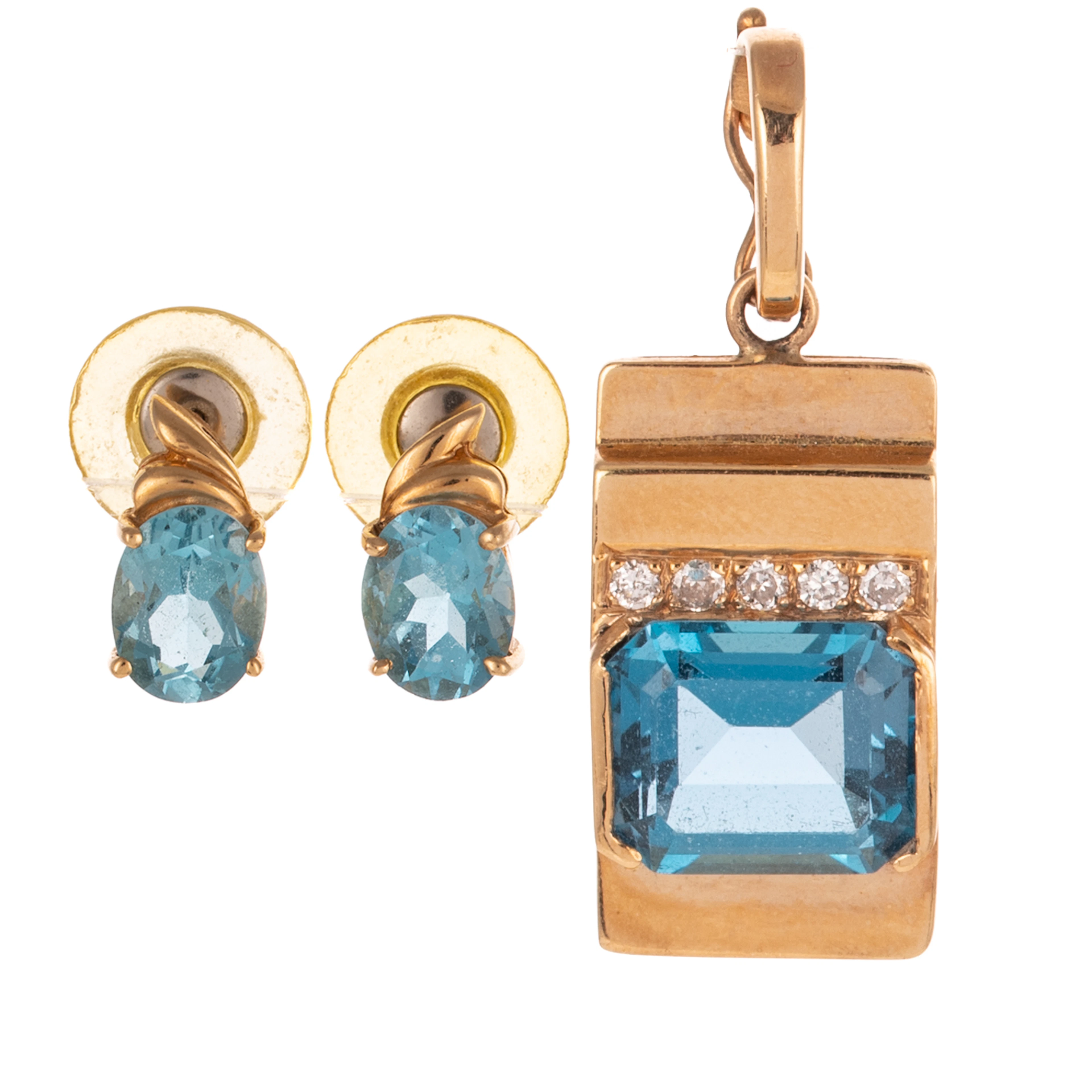 A Pair of Blue Topaz Earrings & Pendant in 14K