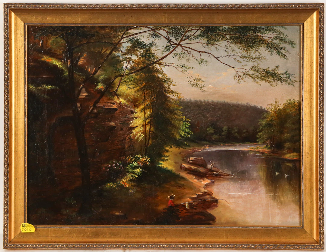 American School. 19th c. Landscape with Fisherman
