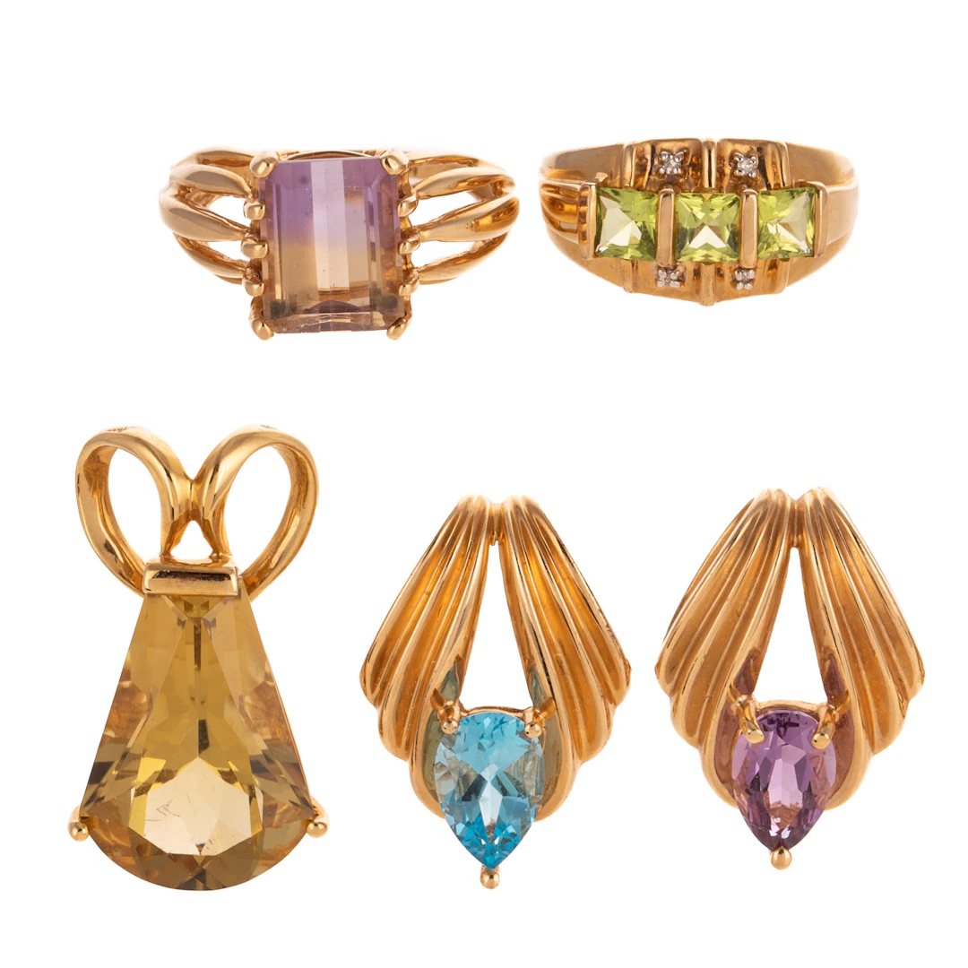 A Trio of Gemstone Pendants & Two Rings in 14K