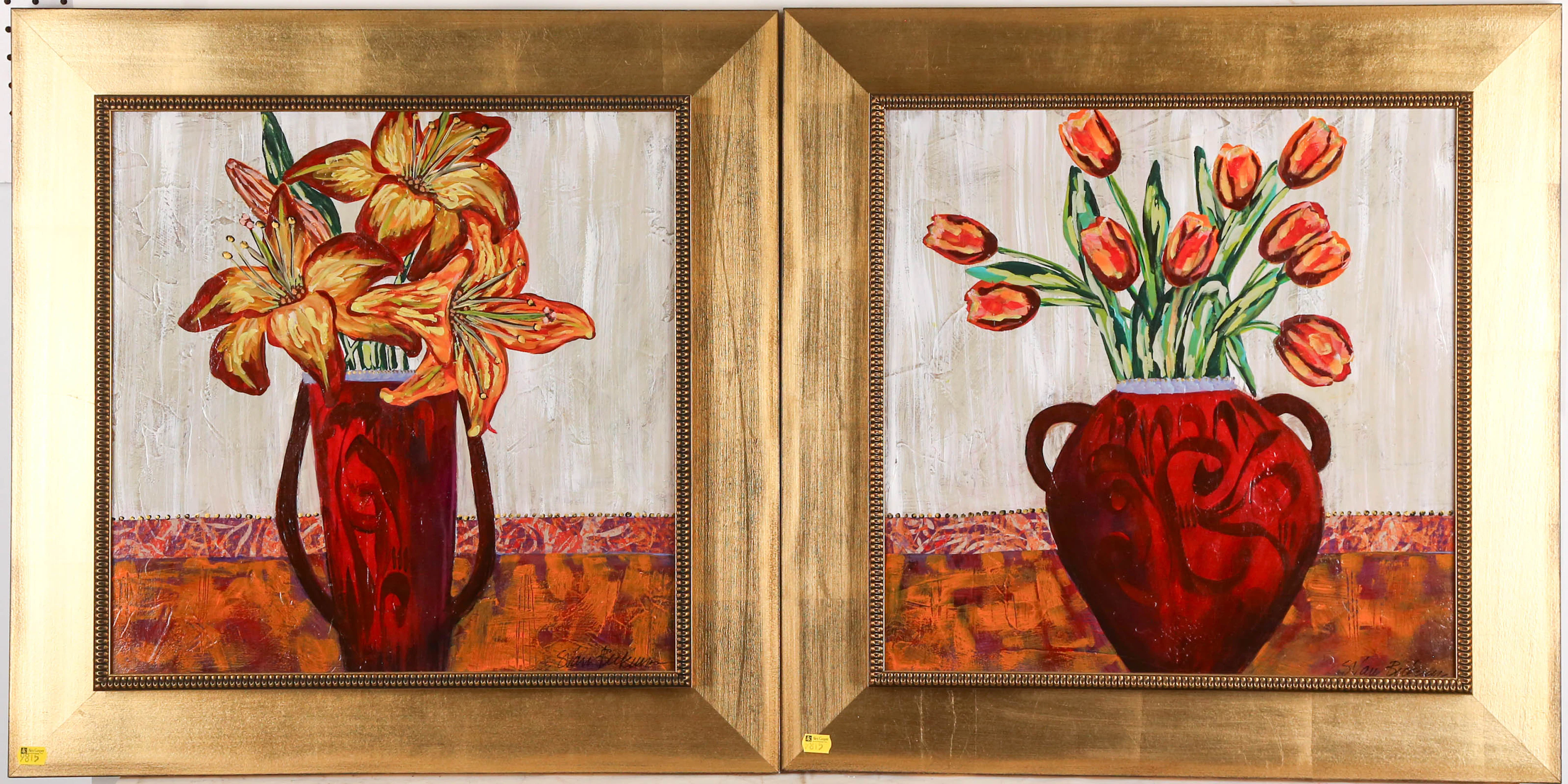 Sarah Van Beckum. Two Floral Still Lifes, mixed media