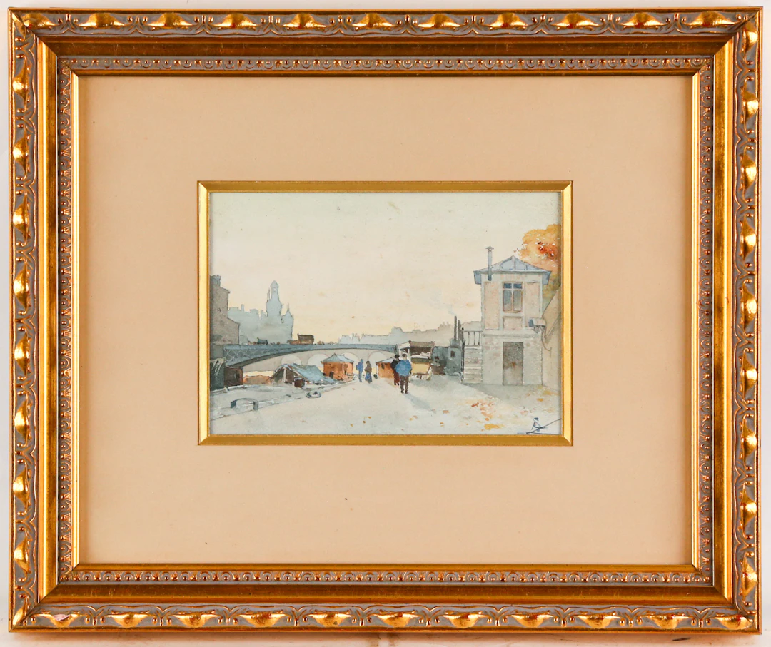 French School, 20th c. A View Along the Seine, watercolor
