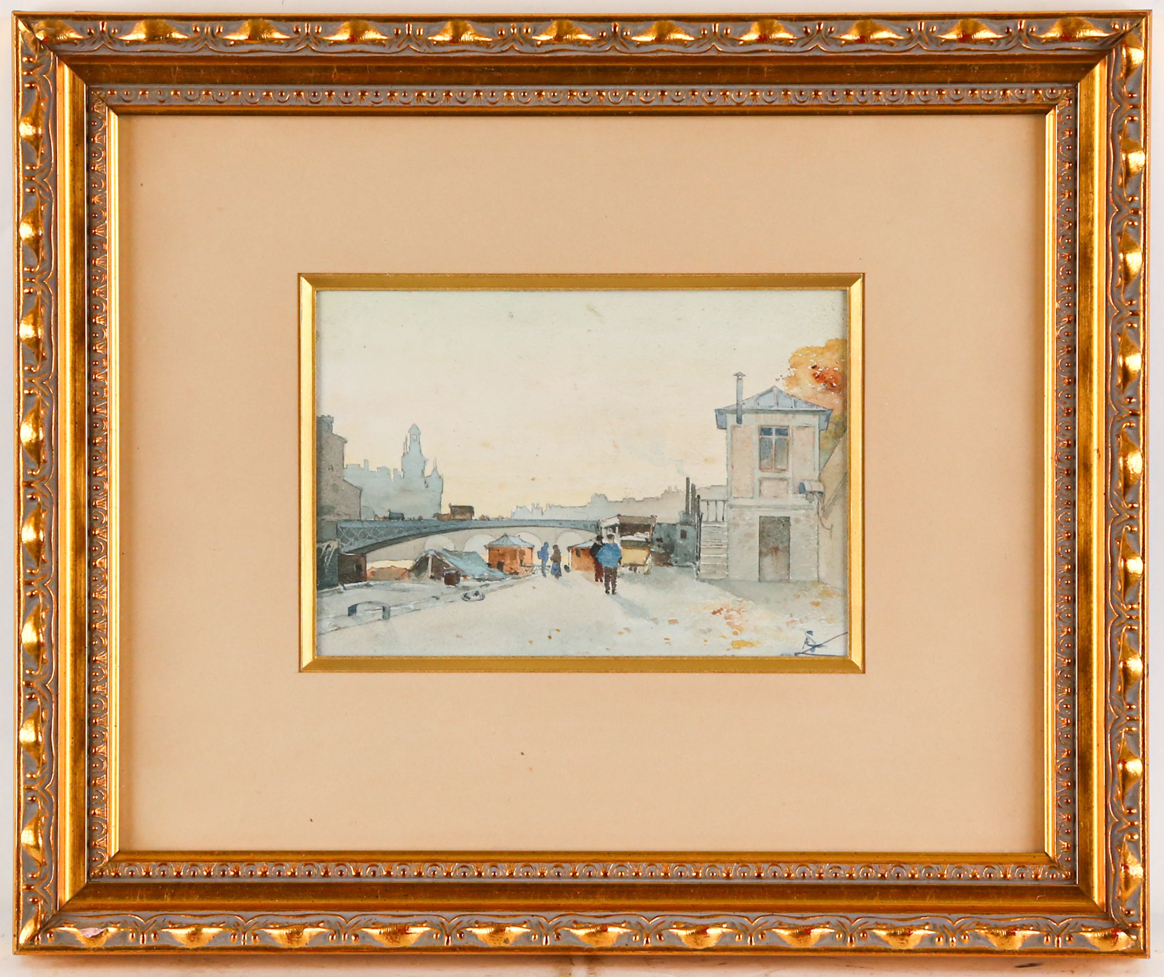 French School, 20th c. A View Along the Seine, watercolor