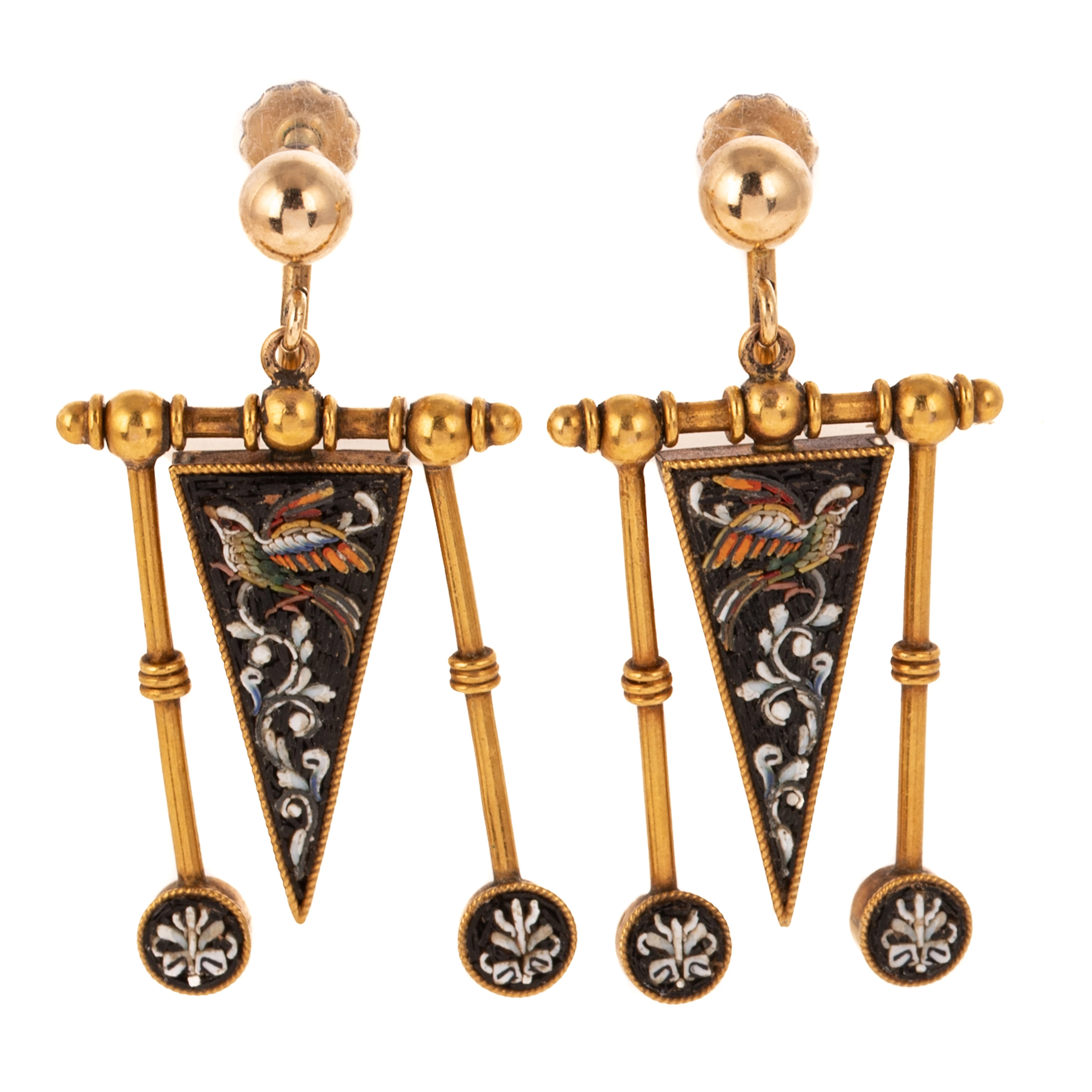 A Pair of Etruscan Revival Micromosaic Ear Drops in 21K