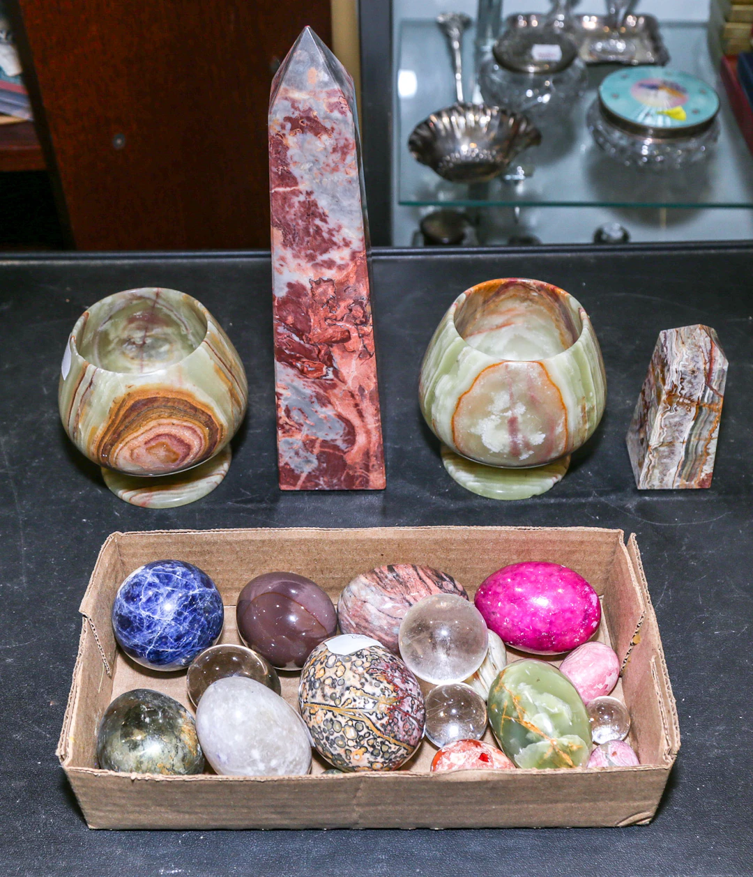 A Group of Stone Spheres, Prisms & Goblets