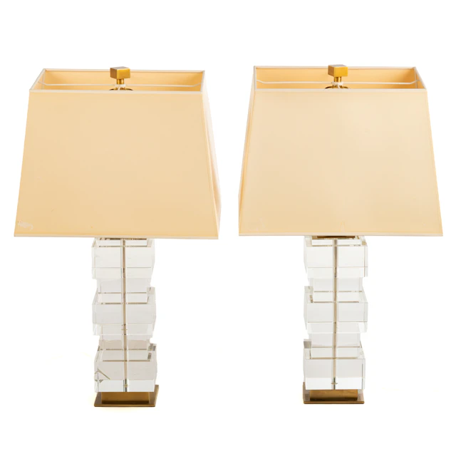 A Pair of Stacked Lucite & Brass Table Lamps