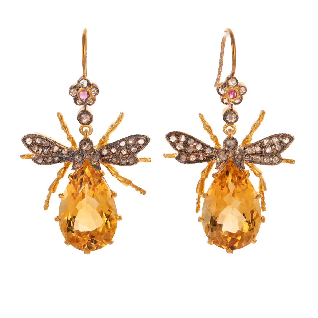 A Pair of Citrine & Diamond Bee Earrings