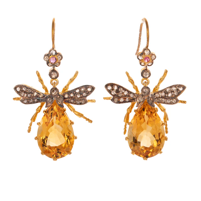 A Pair of Citrine & Diamond Bee Earrings