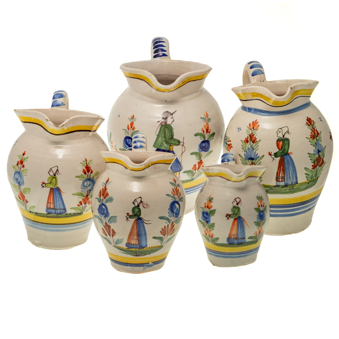 Assembled Set of Five Graduated Henriot Quimper Jugs