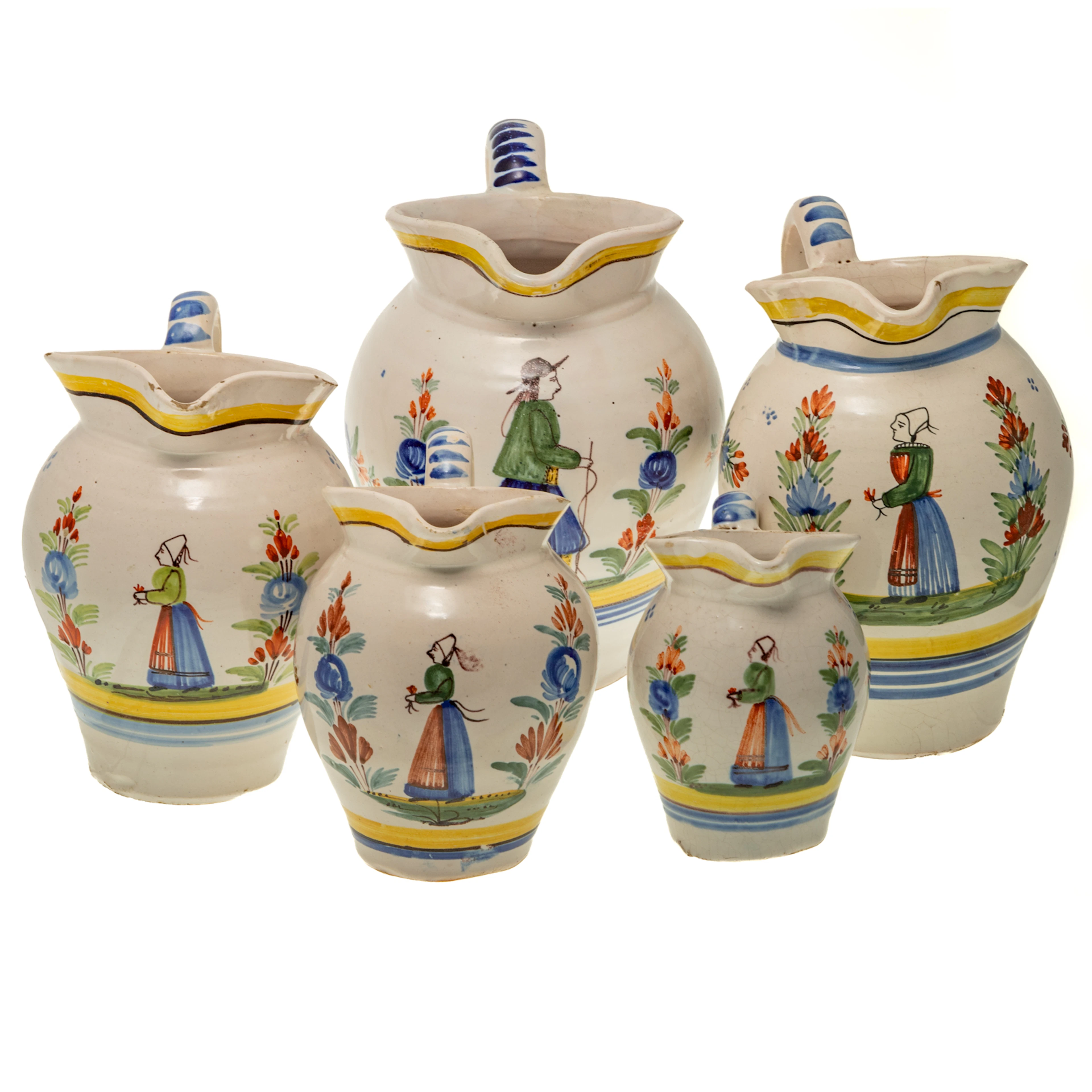 Assembled Set of Five Graduated Henriot Quimper Jugs