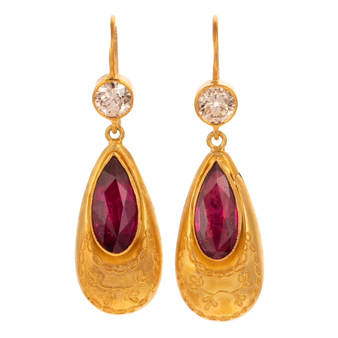 A Pair of Diamond & Rubelite Dangle Earrings in 9K