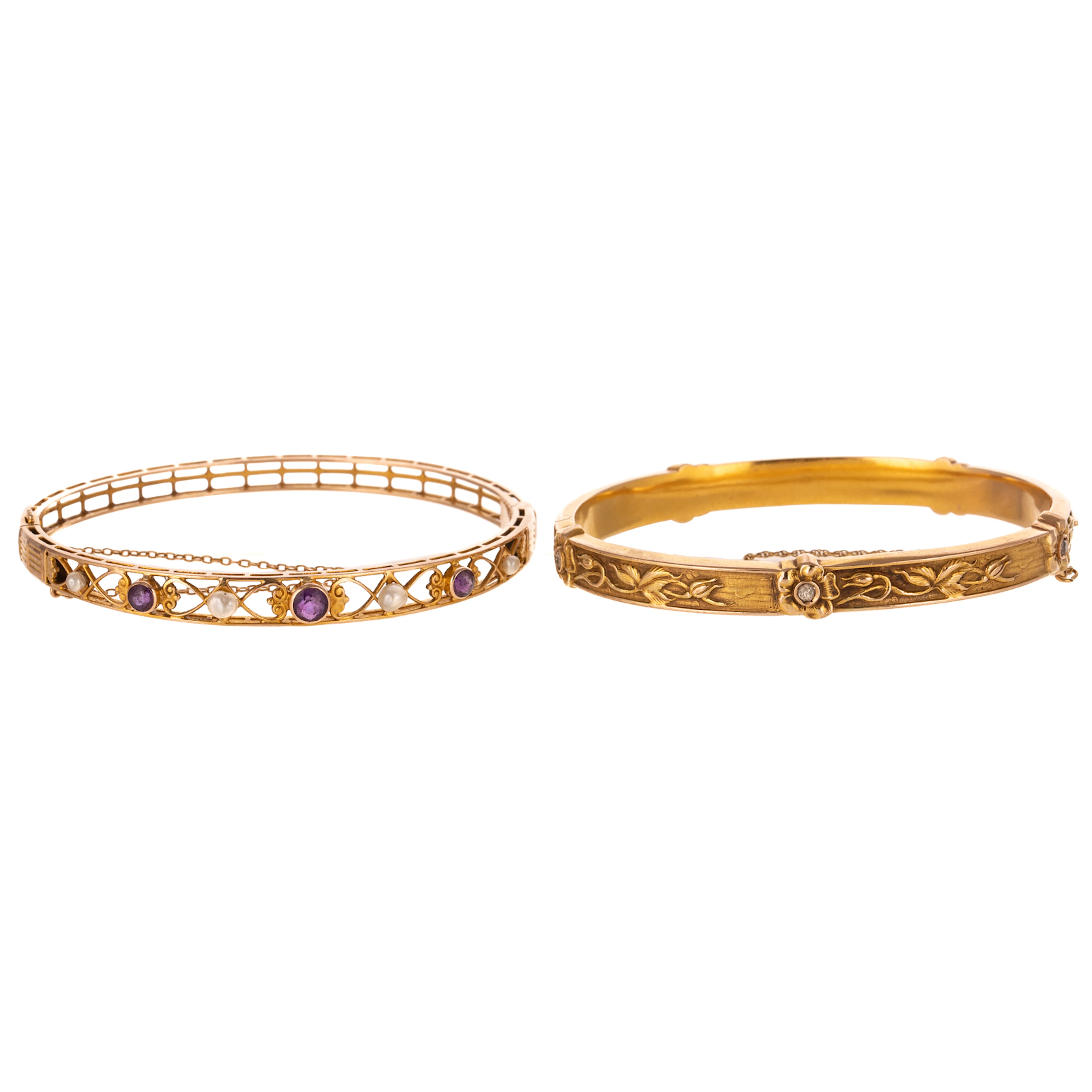 Two Art Nouveau Gemstone Bangles in 14K