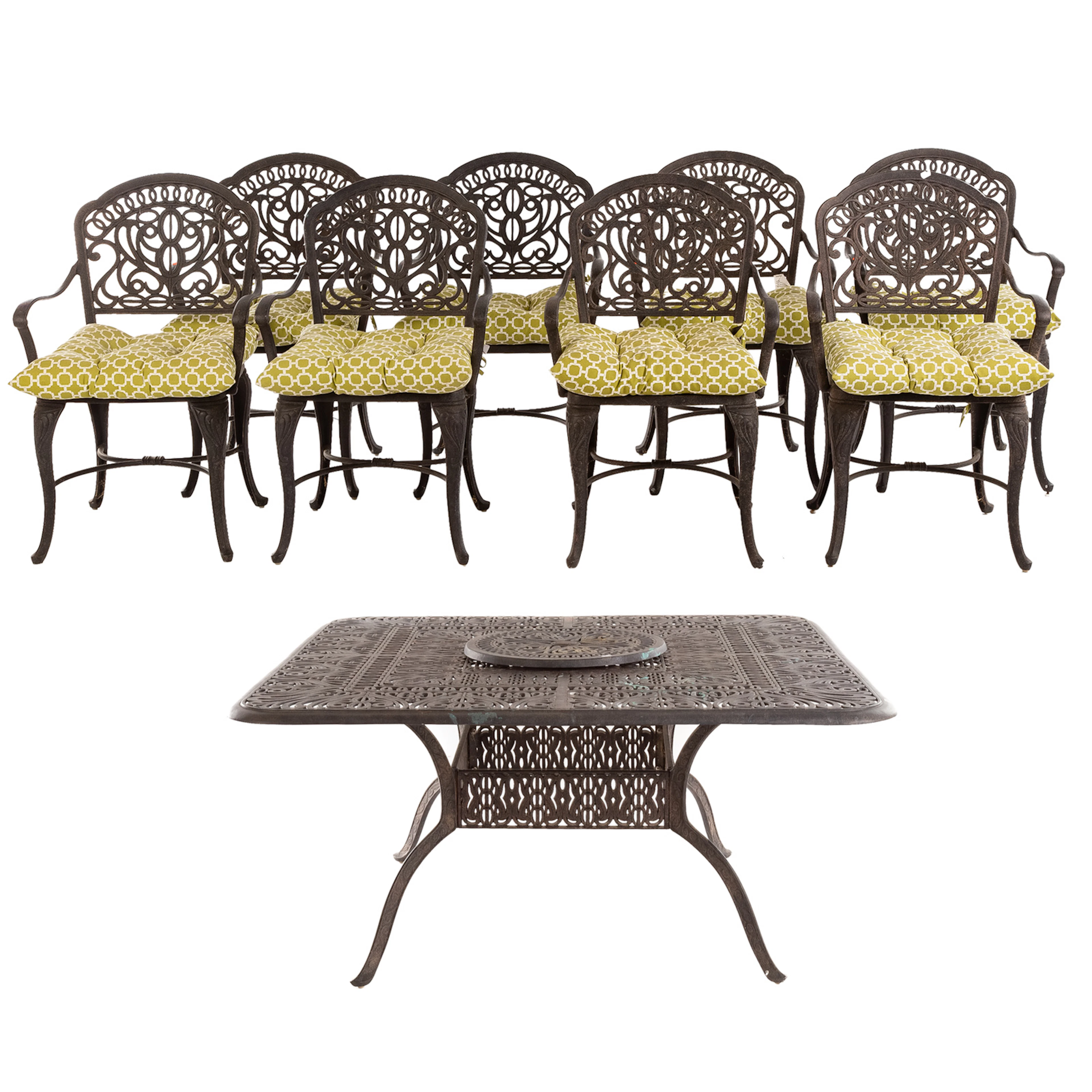Patinated Metal Patio Table with 8 Matching Chairs