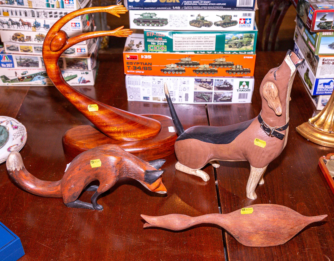Two Carved Wood & Two Resin Sculptures