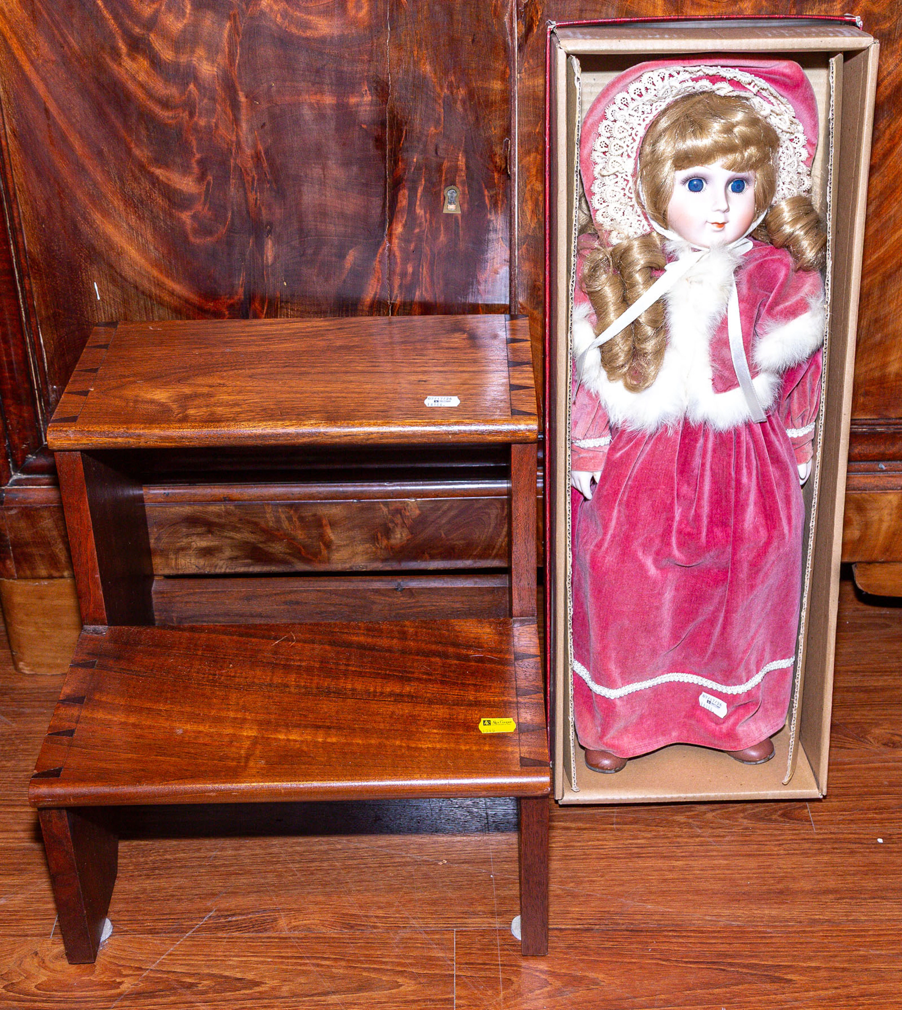 A Black Walnut Bed Step & a Dynasty Doll