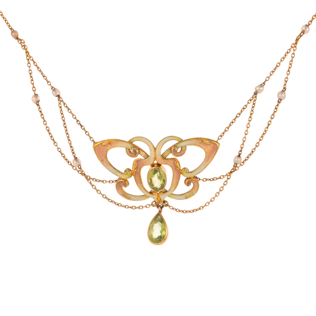 An Art Nouveau Peridot, Pearl & Enamel Necklace in 14K