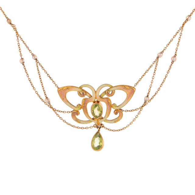 An Art Nouveau Peridot, Pearl & Enamel Necklace in 14K