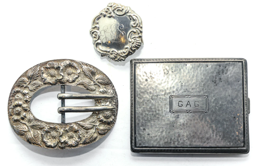 Two Sterling Silver Buckles & Cigarette Case