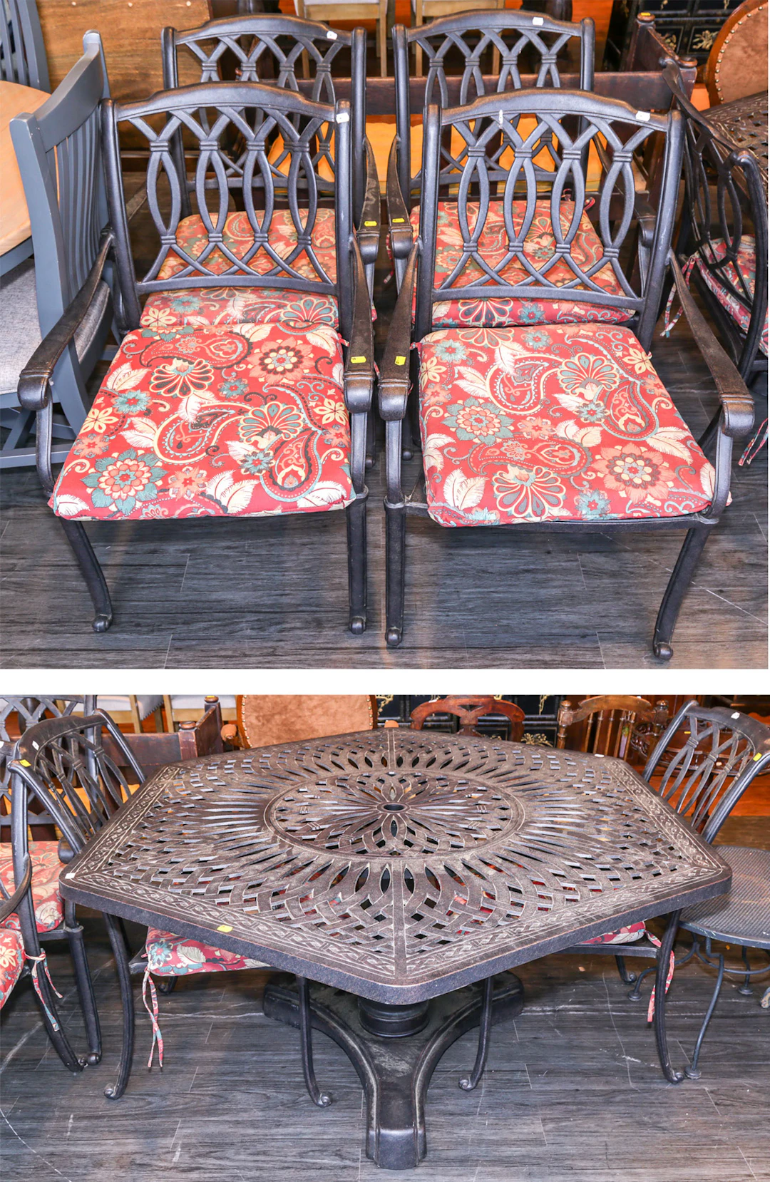 A Zinc Patio Table & Six Armchairs