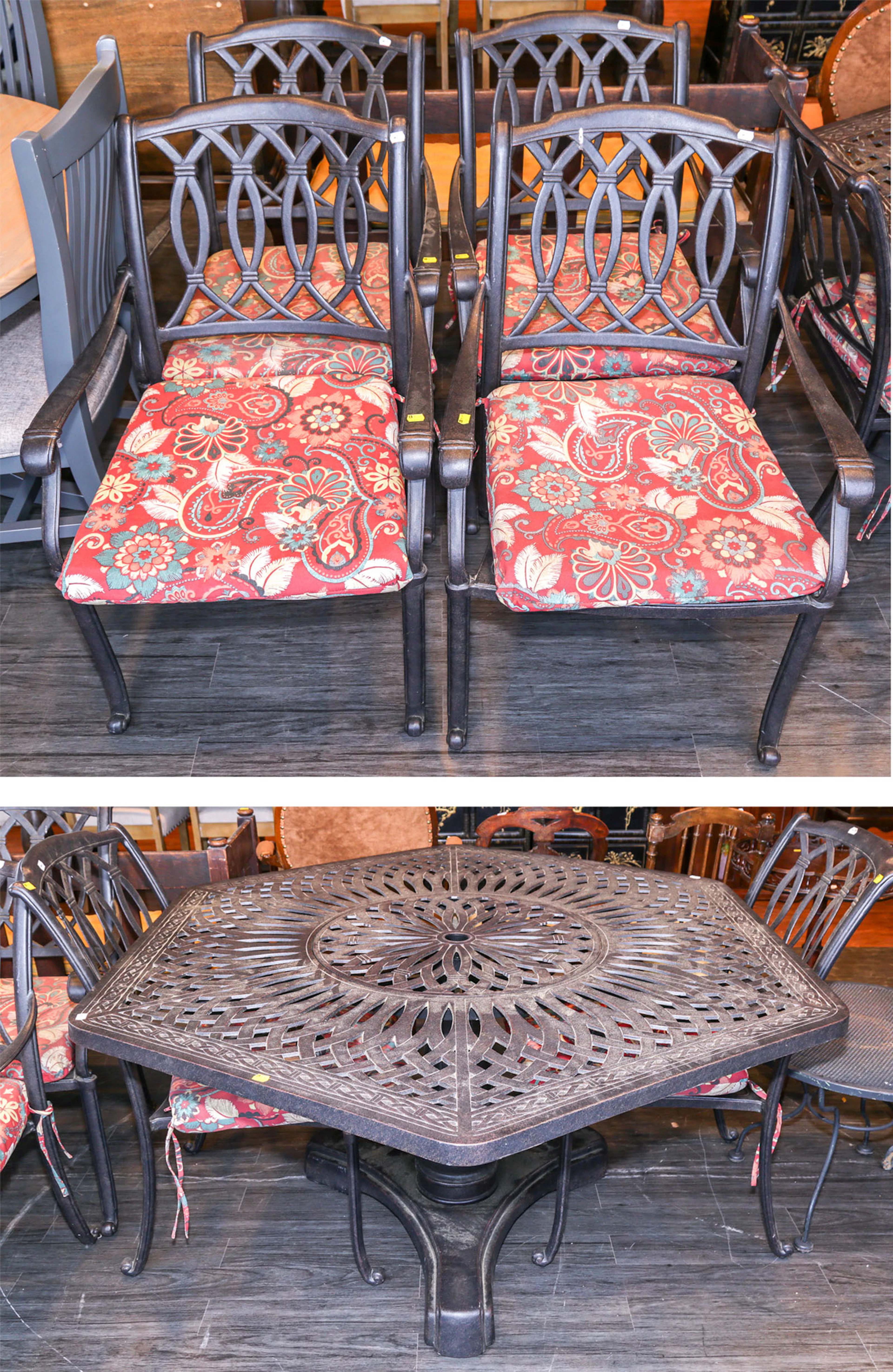A Zinc Patio Table & Six Armchairs