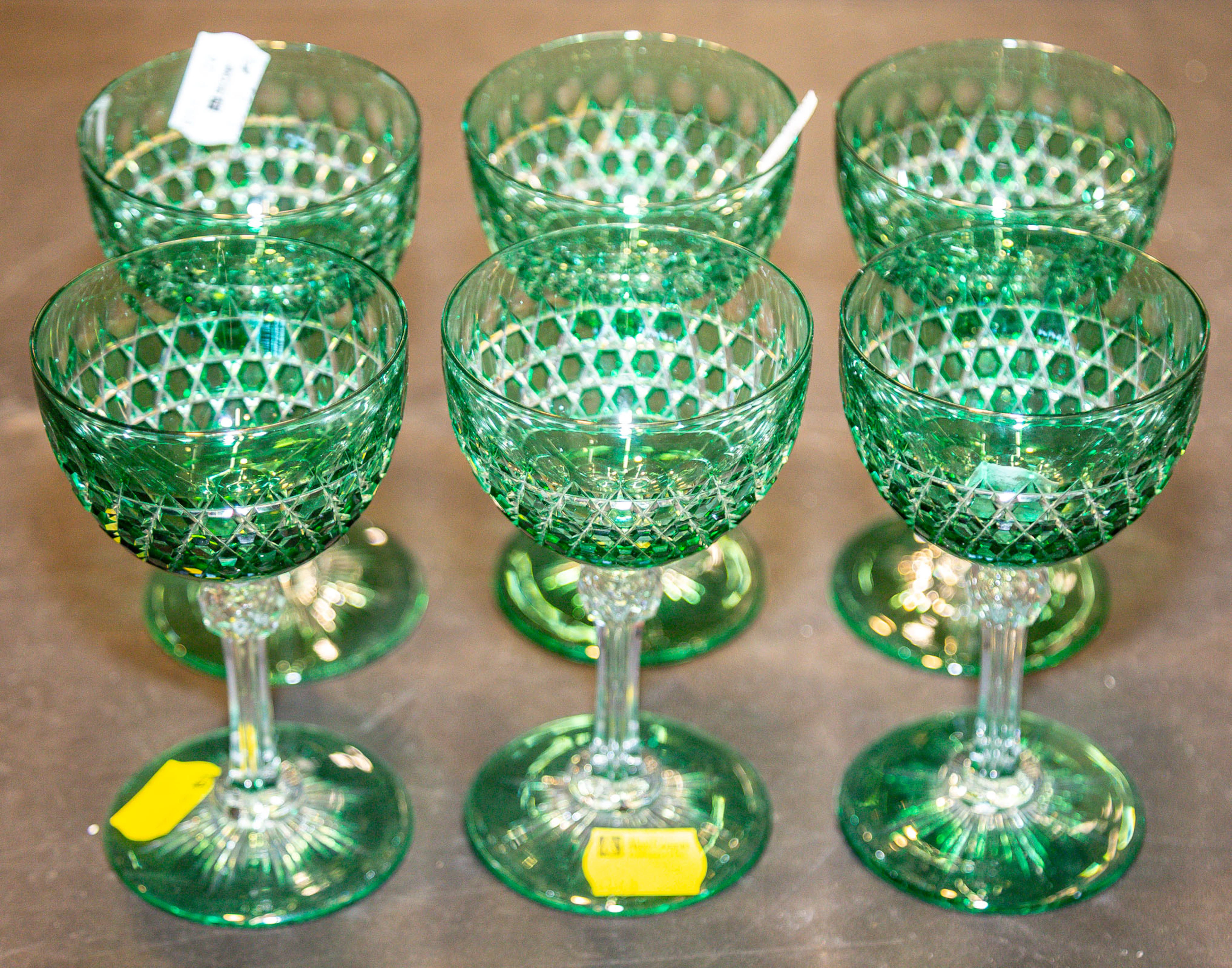 Six Cut Cased Glass Wine Stems