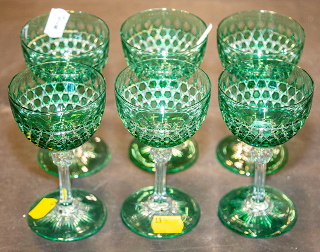 Six Cut Cased Glass Wine Stems
