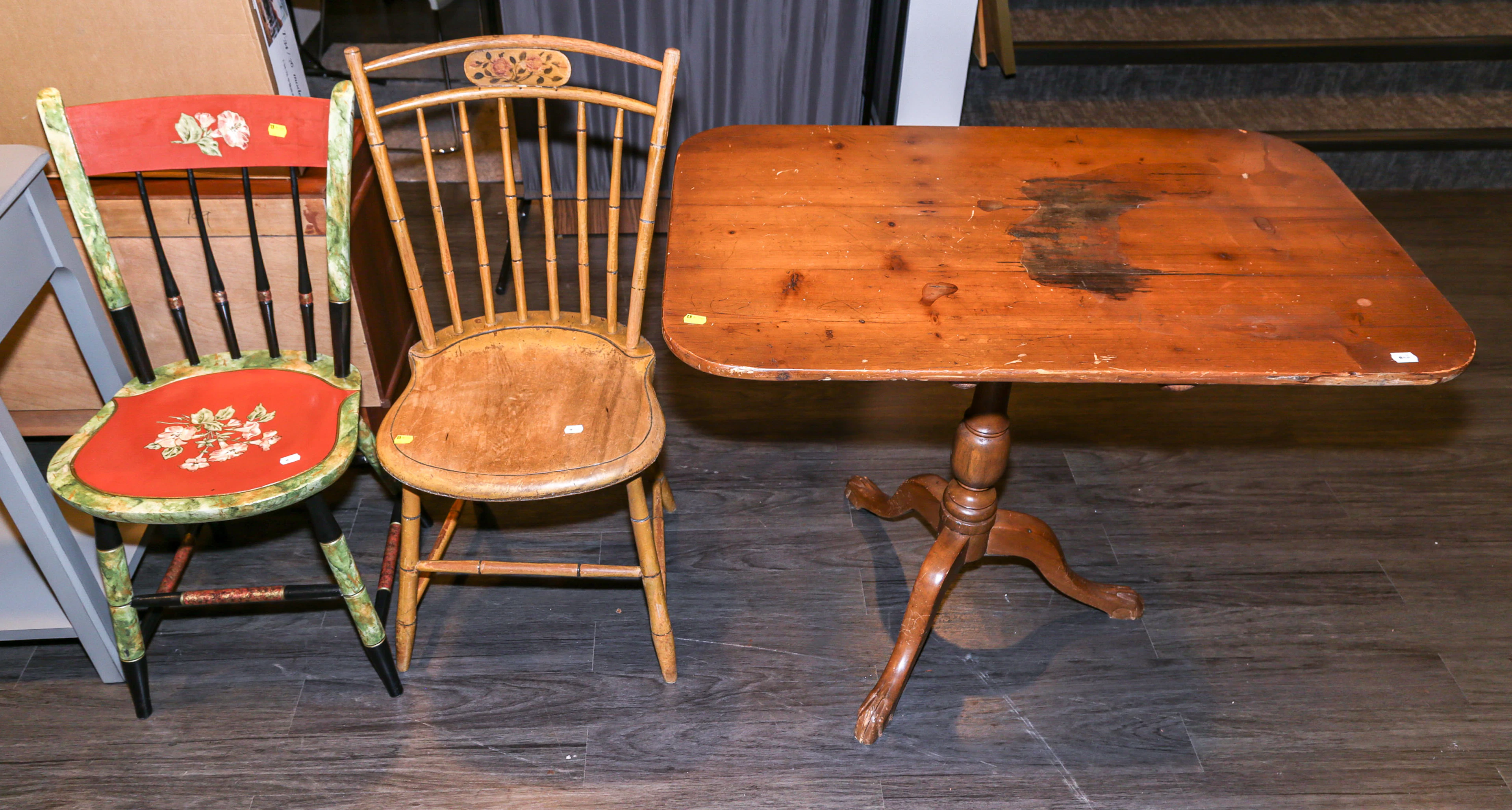 Two Painted Windsor Chairs & a Tilt-Top Table