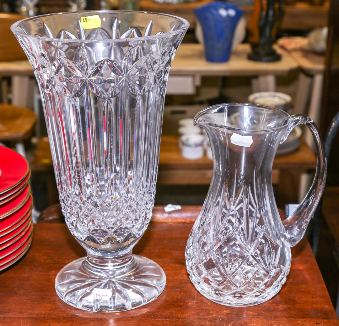 A Waterford Pressed Crystal Vase & Pitcher