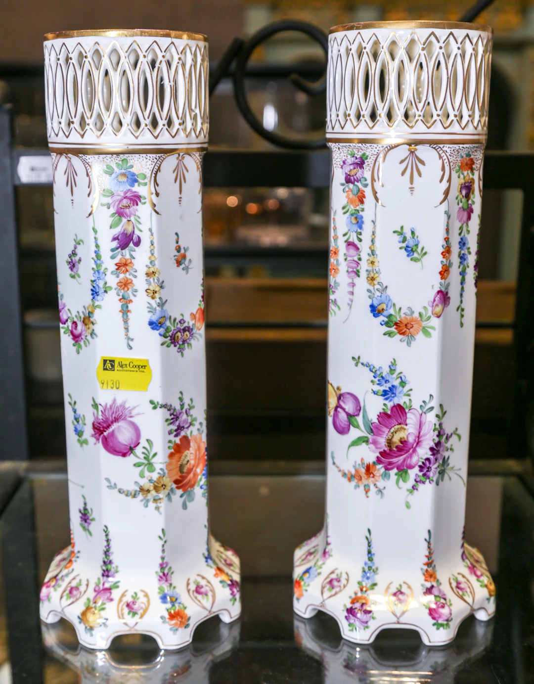 A Pair of Roesler Dresden Reticulated Vases