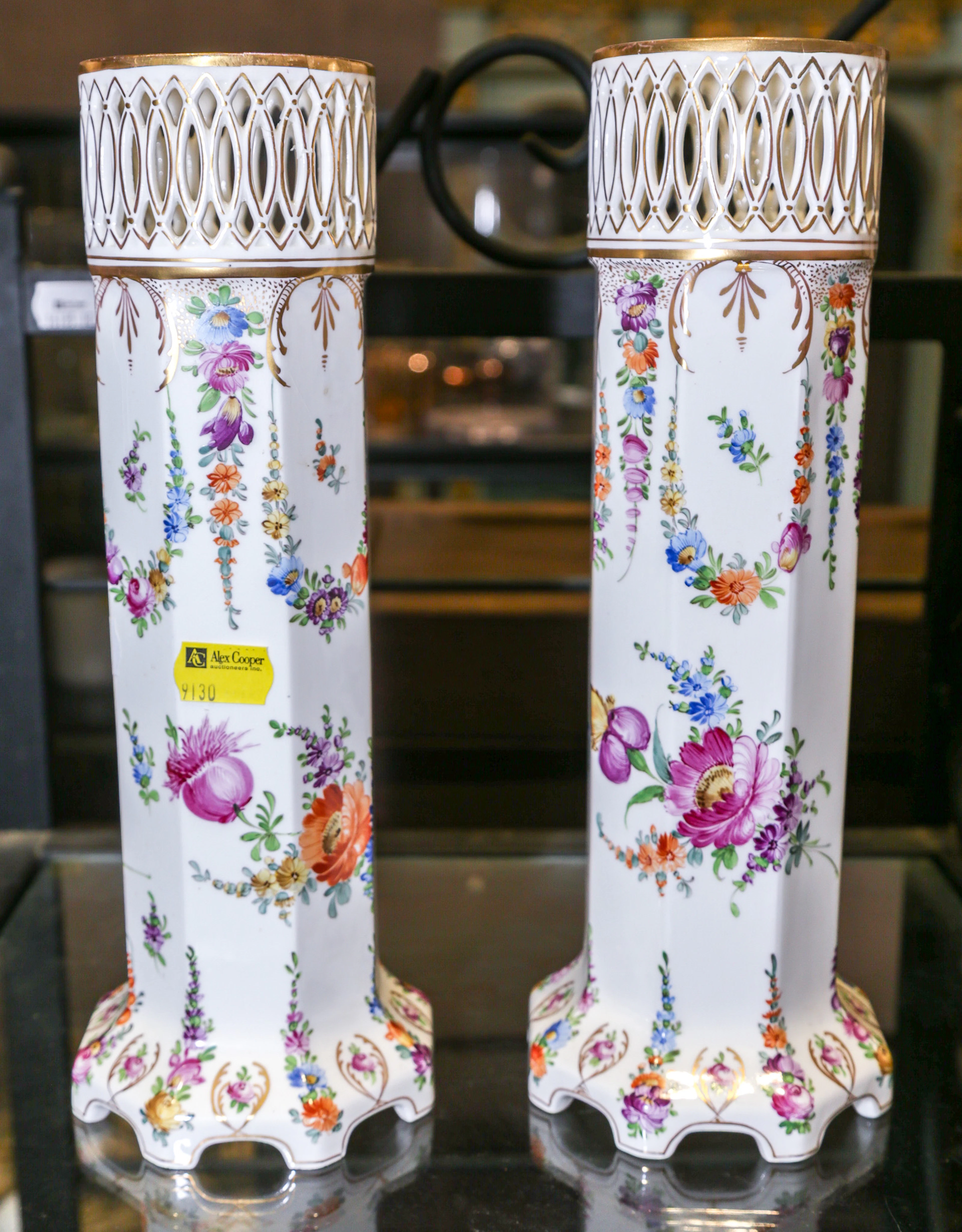 A Pair of Roesler Dresden Reticulated Vases