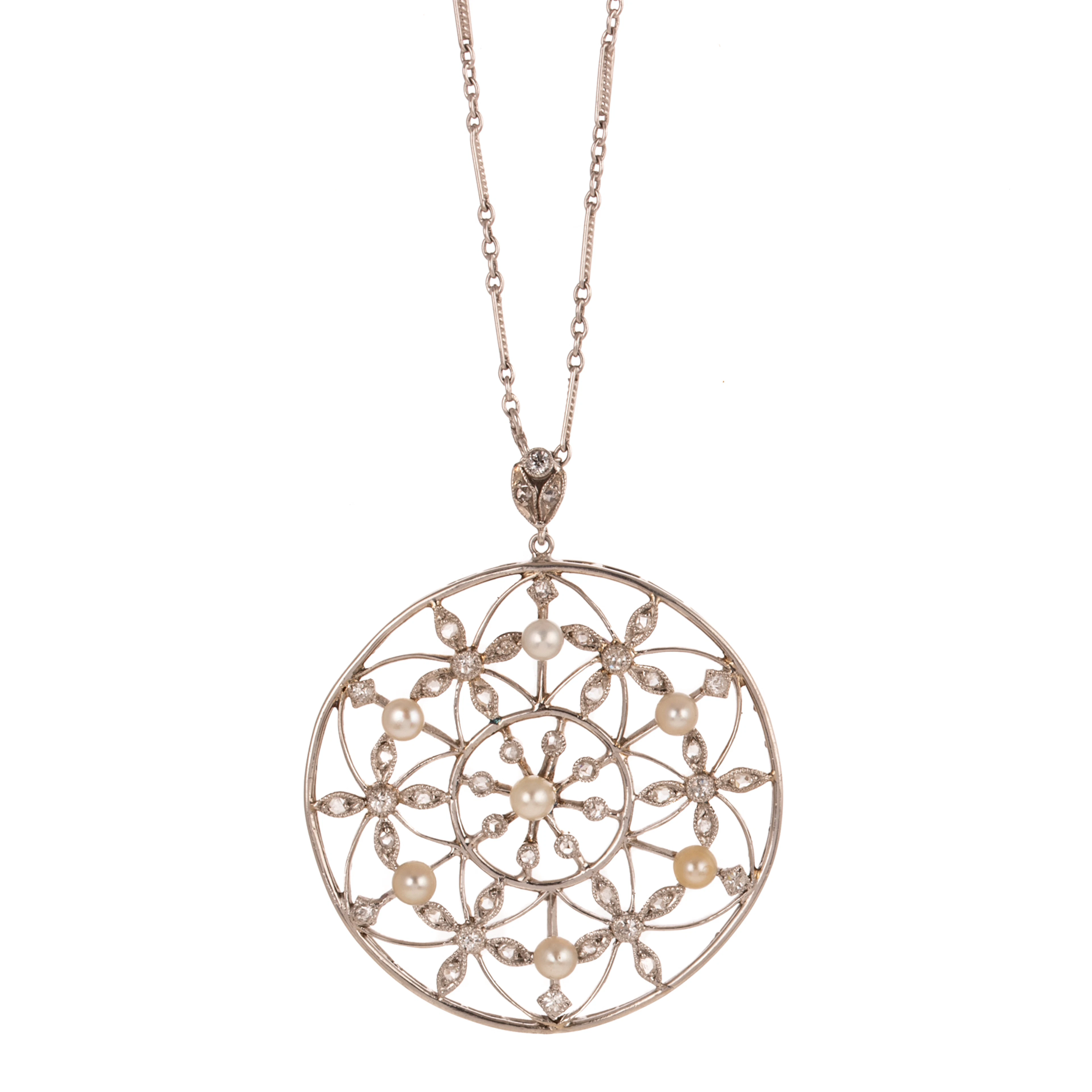 An Edwardian Pearl & Diamond Pendant & Chain in Platinum