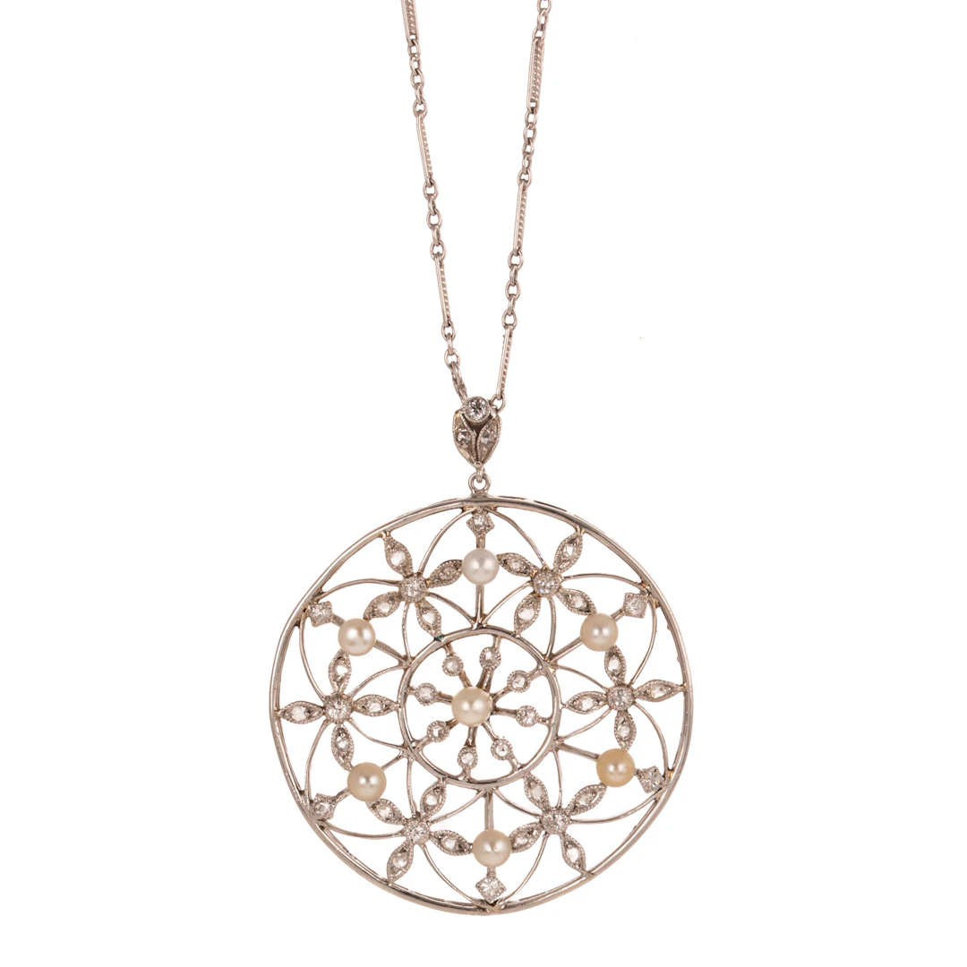 An Edwardian Pearl & Diamond Pendant & Chain in Platinum