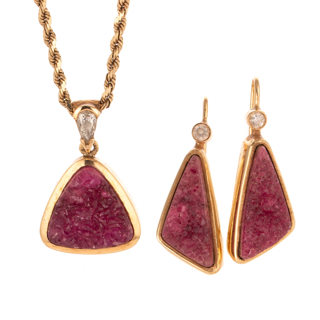 A Druzy Earrings & Pendant Set in 14K