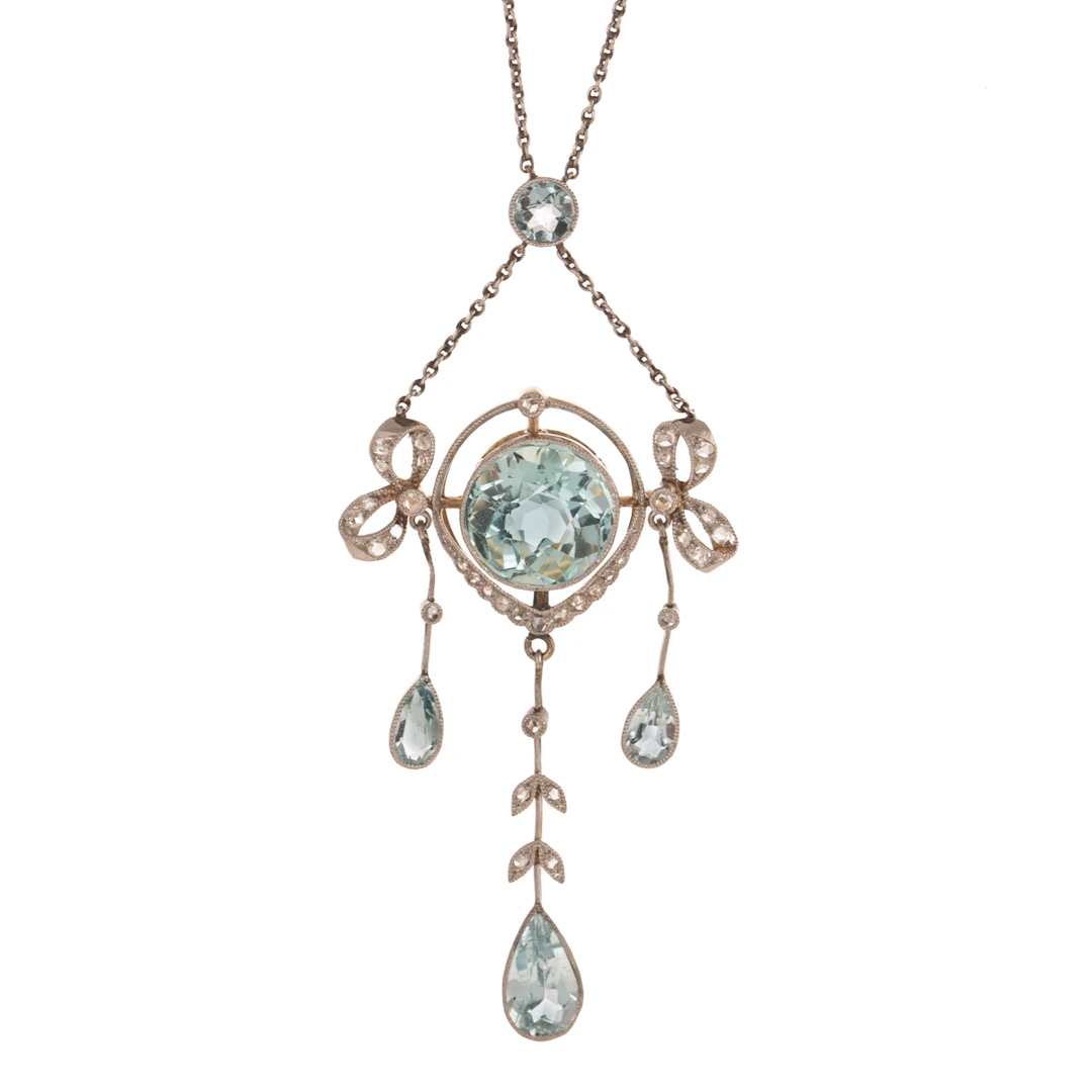 An Edwardian Aquamarine & Diamond Pendant Necklace in Platinum & 14K