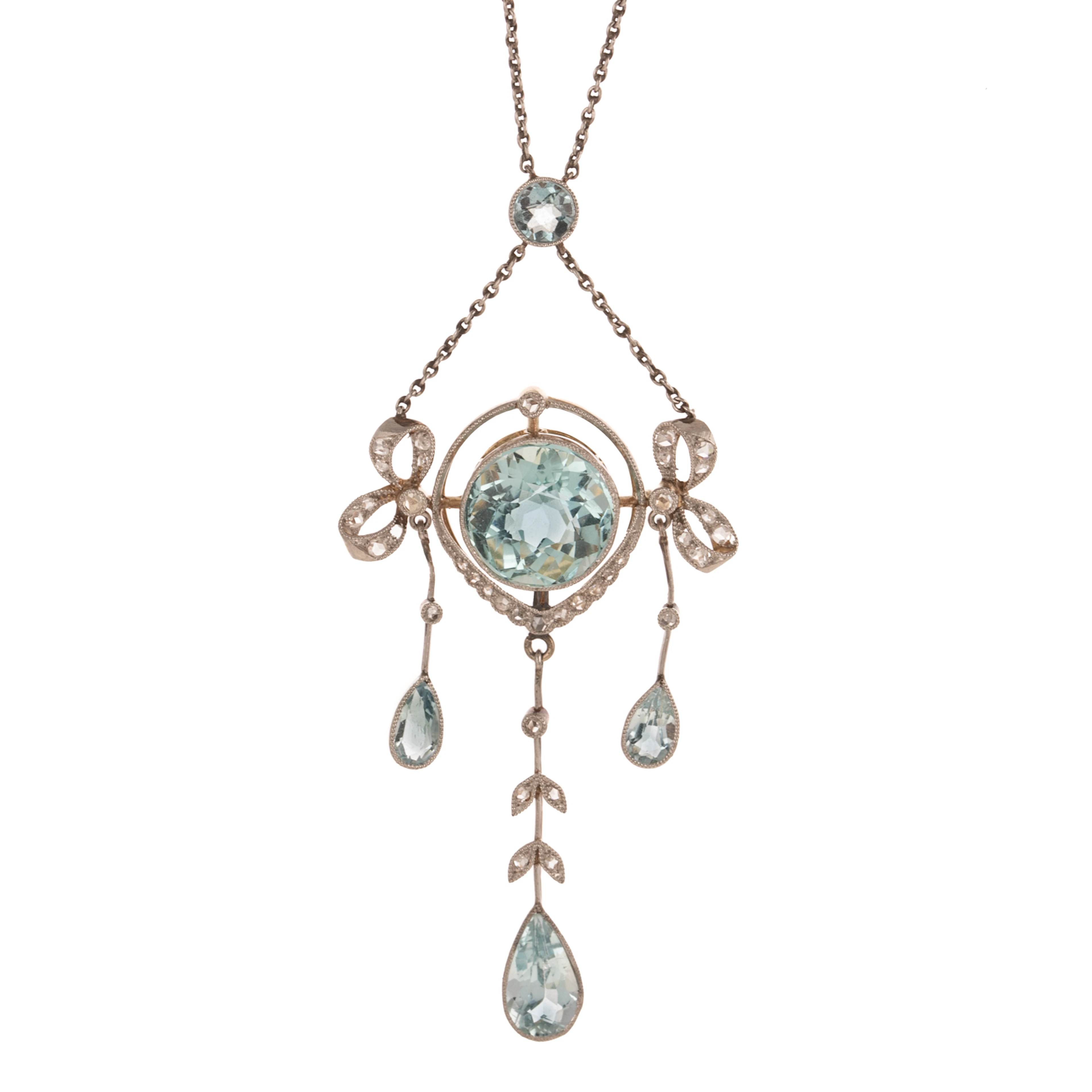 An Edwardian Aquamarine & Diamond Pendant Necklace in Platinum & 14K