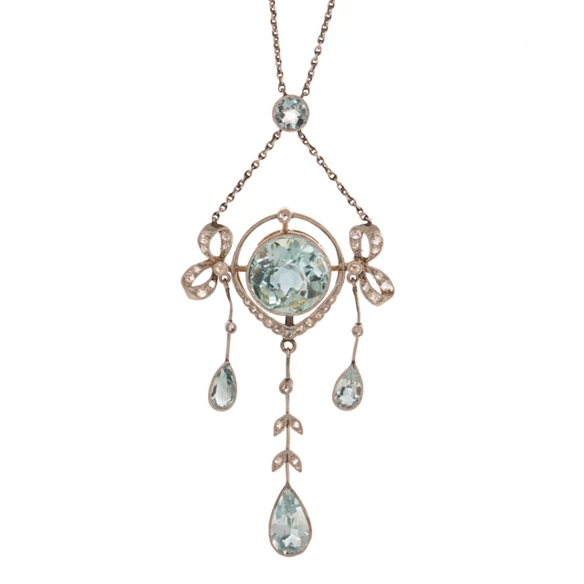 An Edwardian Aquamarine & Diamond Pendant Necklace in Platinum & 14K