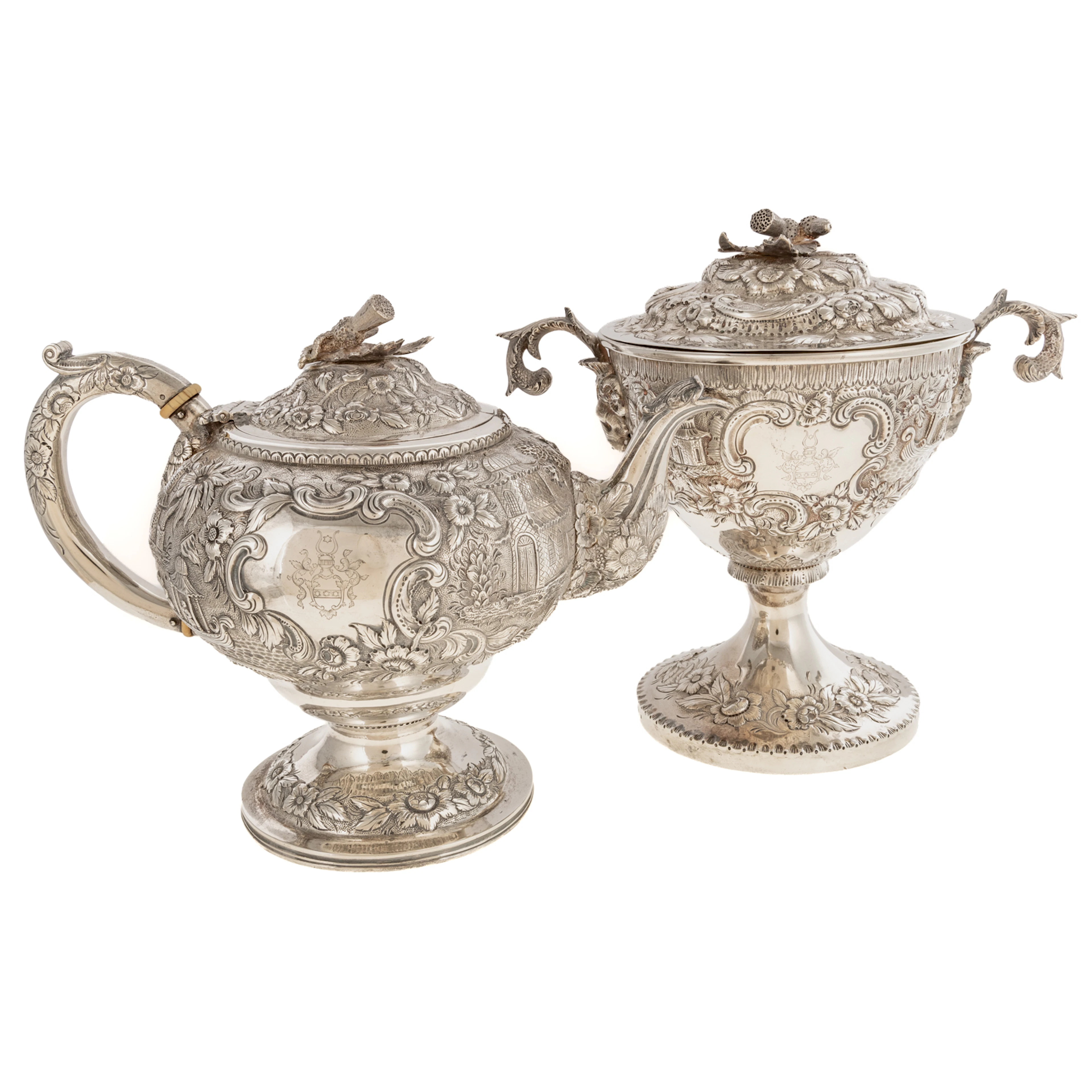 Samuel Kirk Coin Silver Armorial Teapot & Sugar